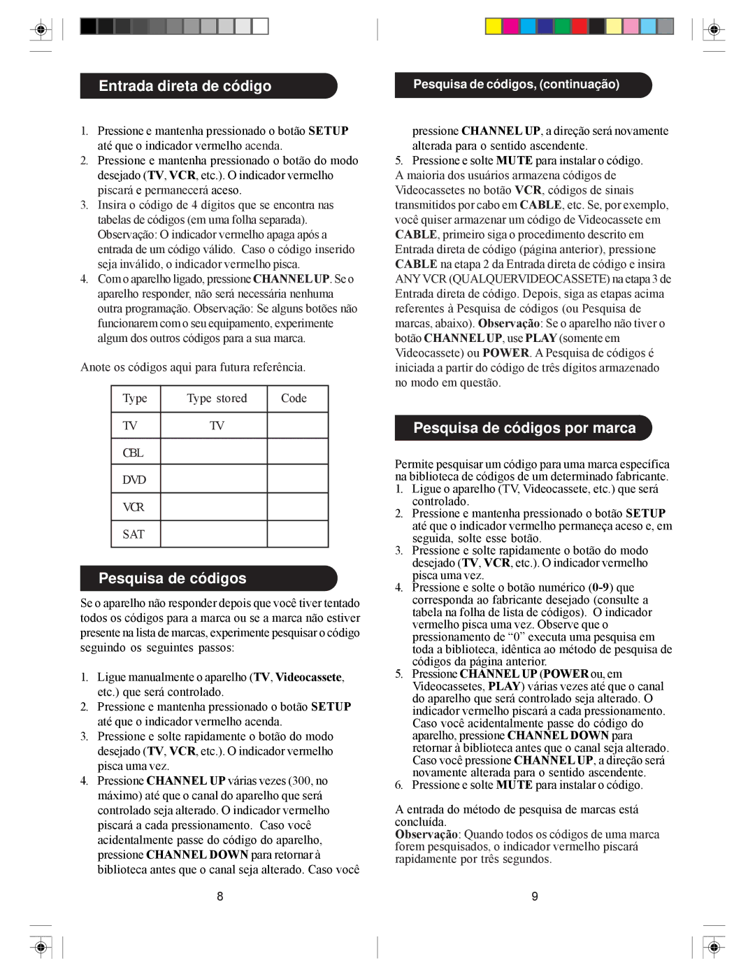 Philips SRU5055, SRU5050 Entrada direta de código, Pesquisa de códigos por marca, Pesquisa de códigos, continuação 