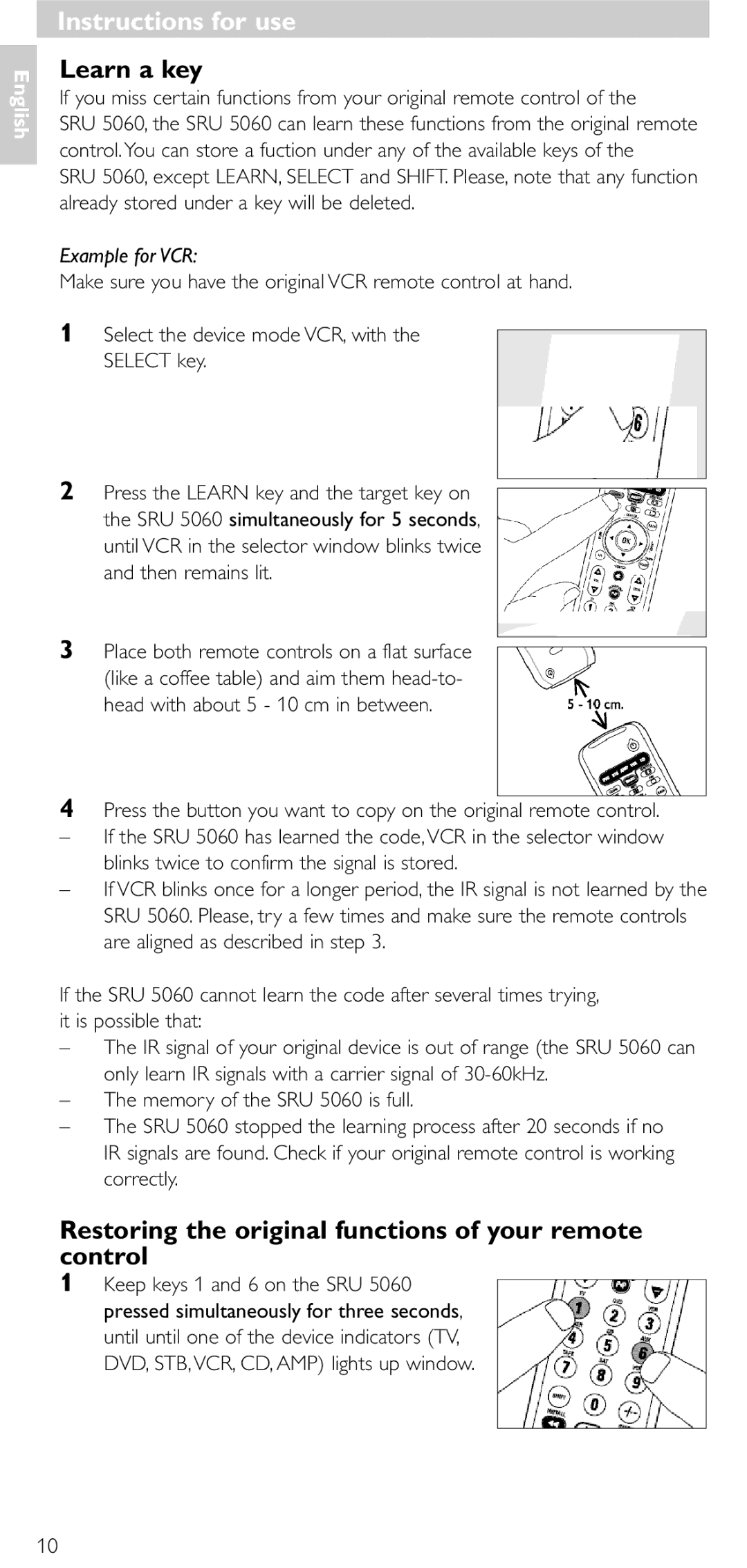 Philips SRU5060 manual Learn a key, Restoring the original functions of your remote control, Example for VCR 