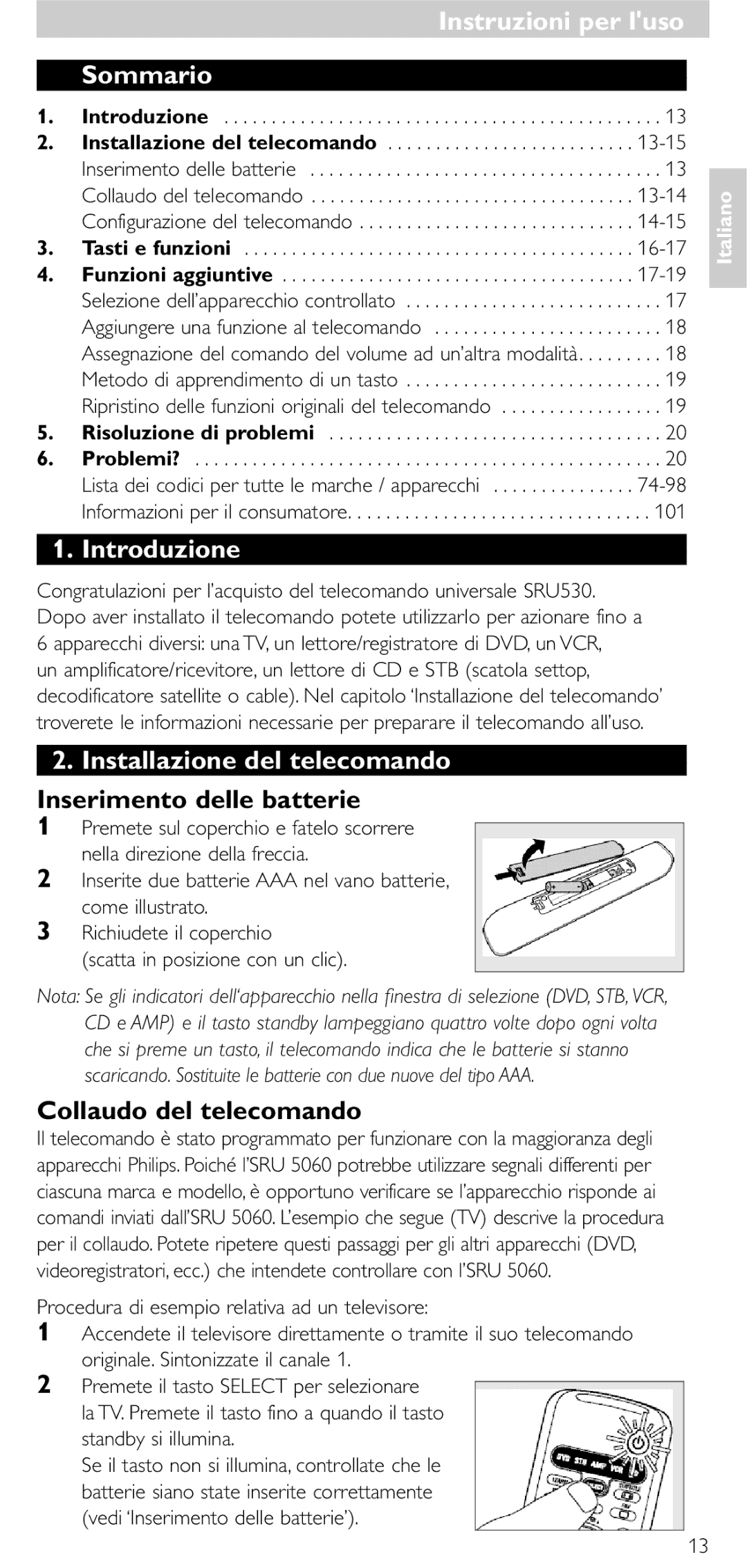 Philips SRU5060 manual Instruzioni per luso, Sommario, Introduzione, Installazione del telecomando 