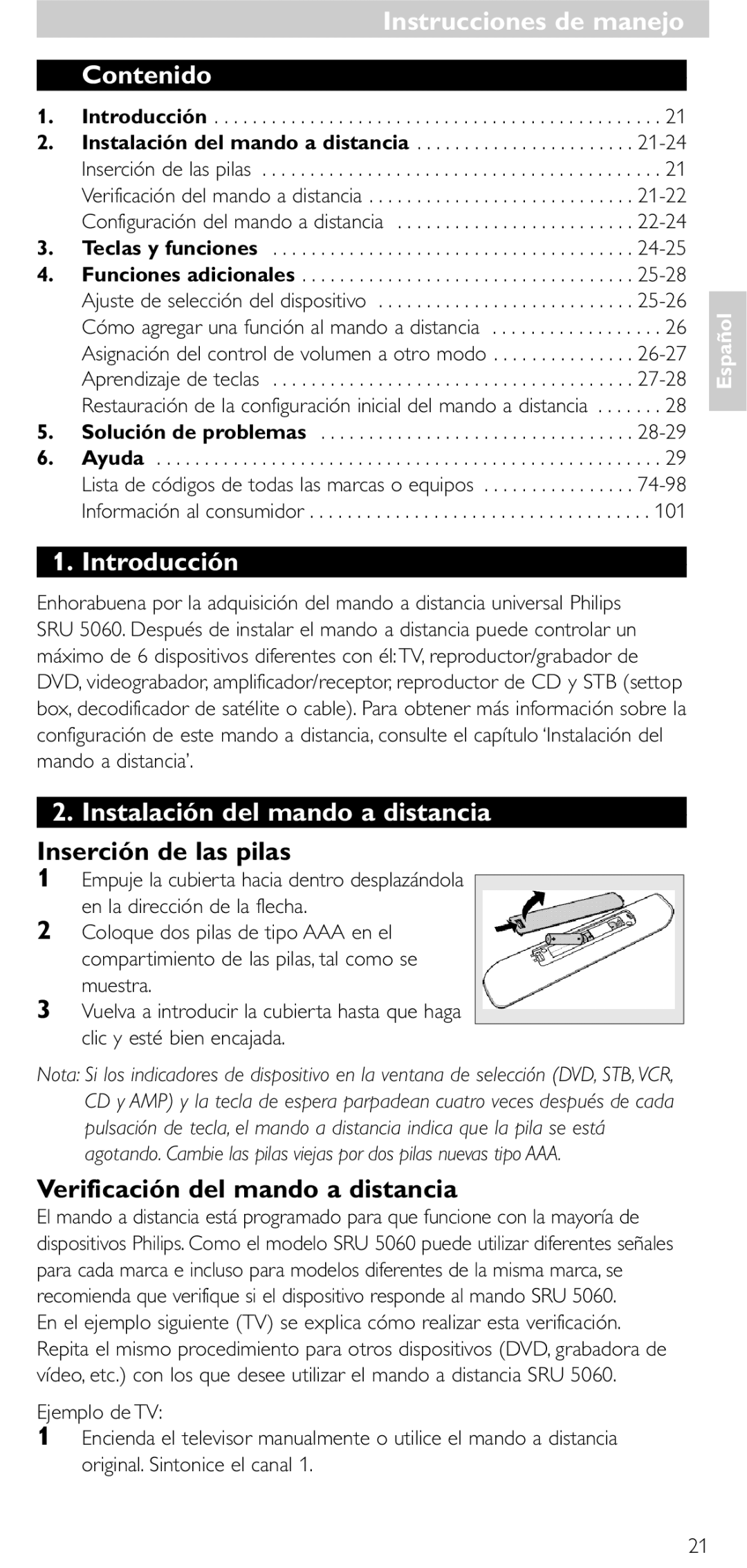 Philips SRU5060 manual Contenido, Introducción, Instalación del mando a distancia, Inserción de las pilas 