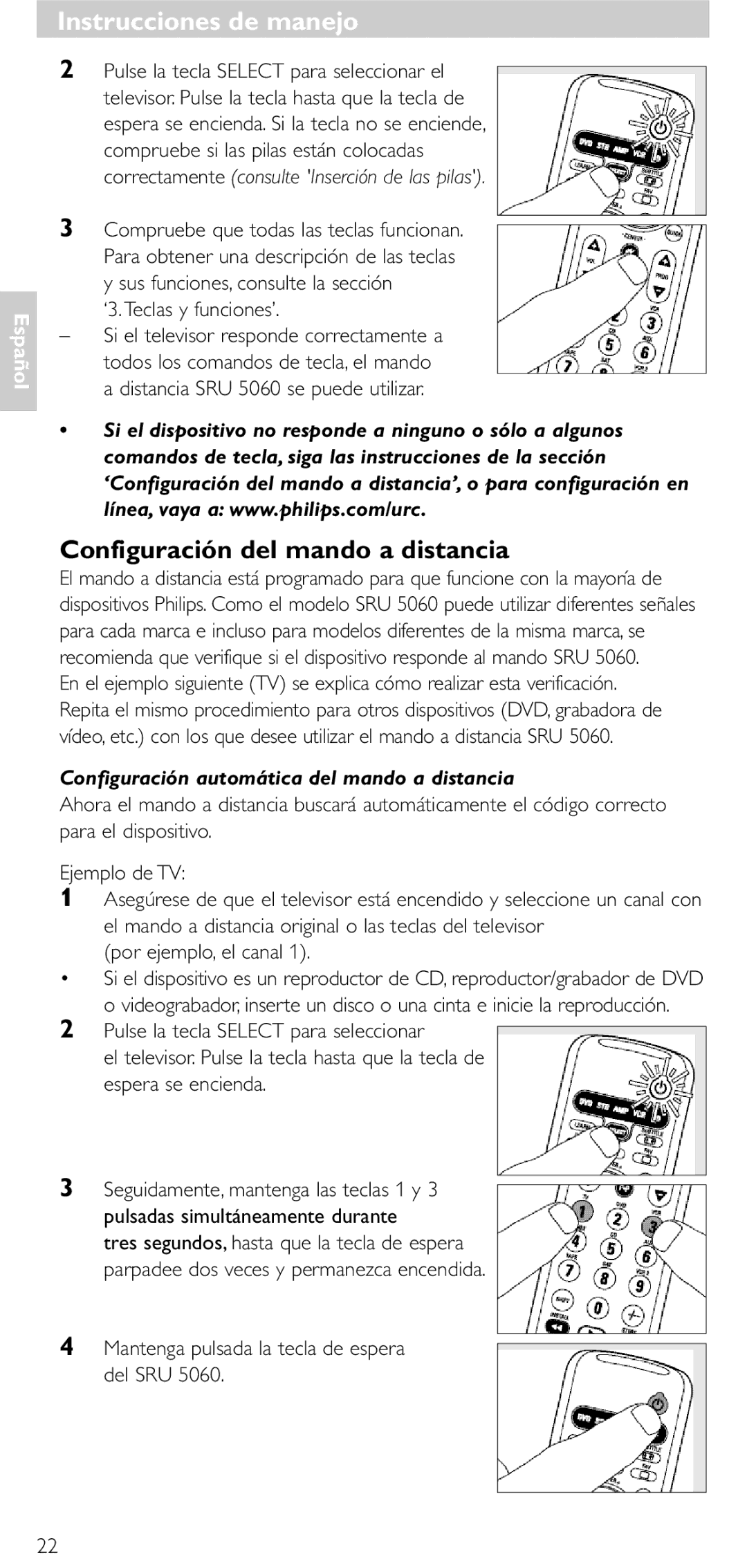 Philips SRU5060 manual Instrucciones de manejo, Configuración del mando a distancia, ‘3.Teclas y funciones’ 