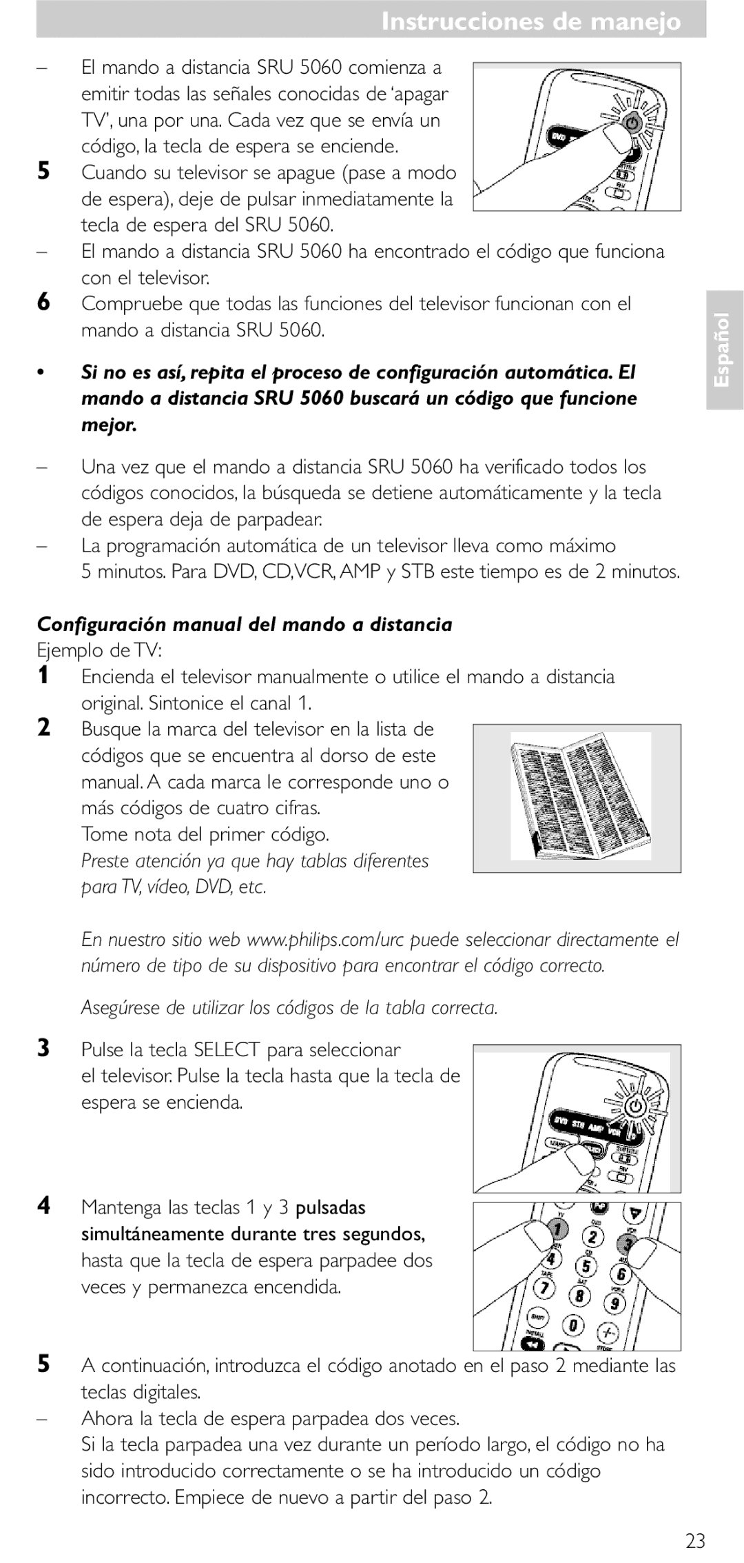 Philips SRU5060 Configuración manual del mando a distancia, Tome nota del primer código 