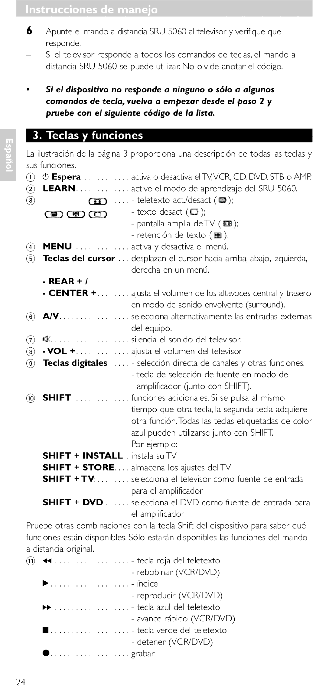 Philips SRU5060 manual Teclas y funciones 