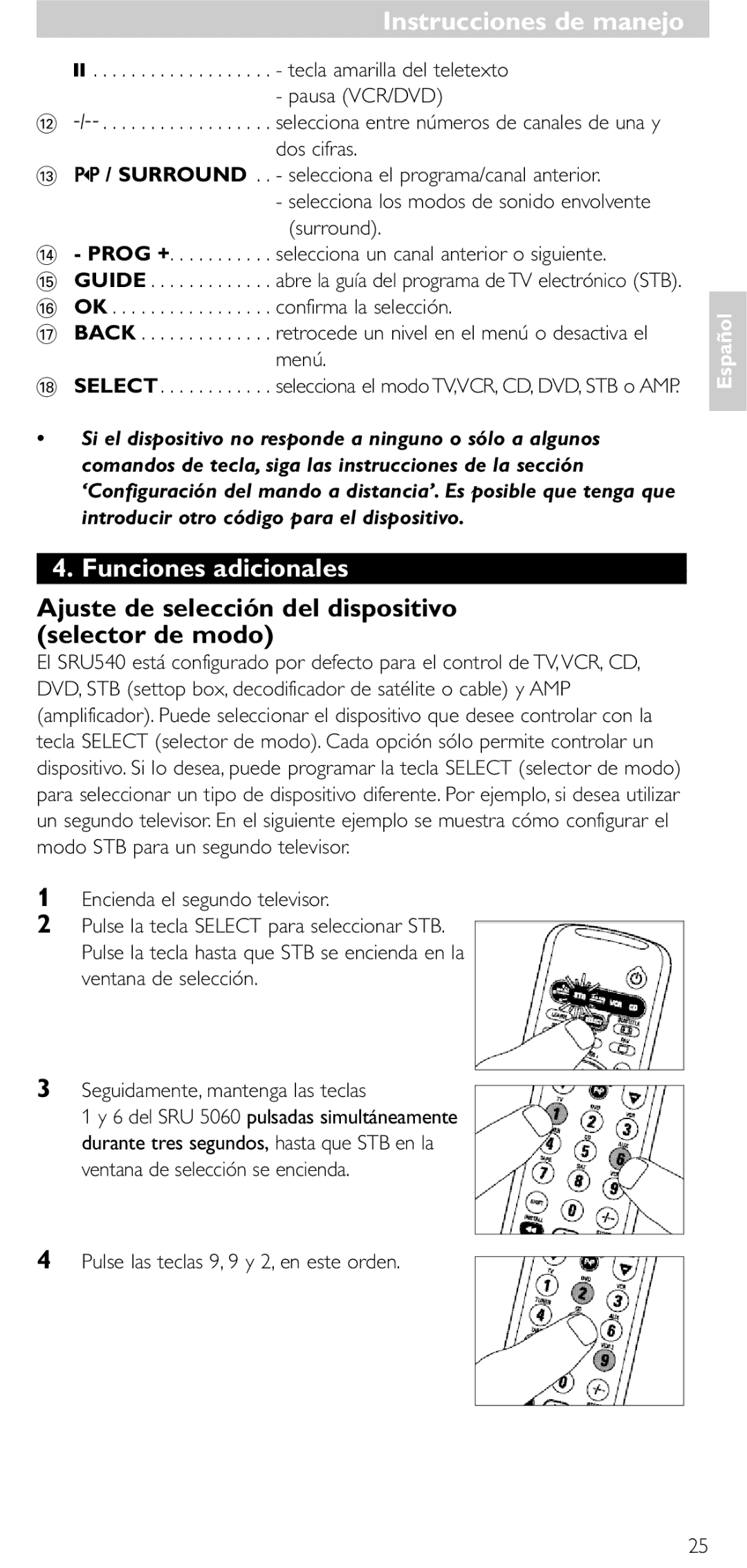 Philips SRU5060 manual Funciones adicionales, Ajuste de selección del dispositivo selector de modo 