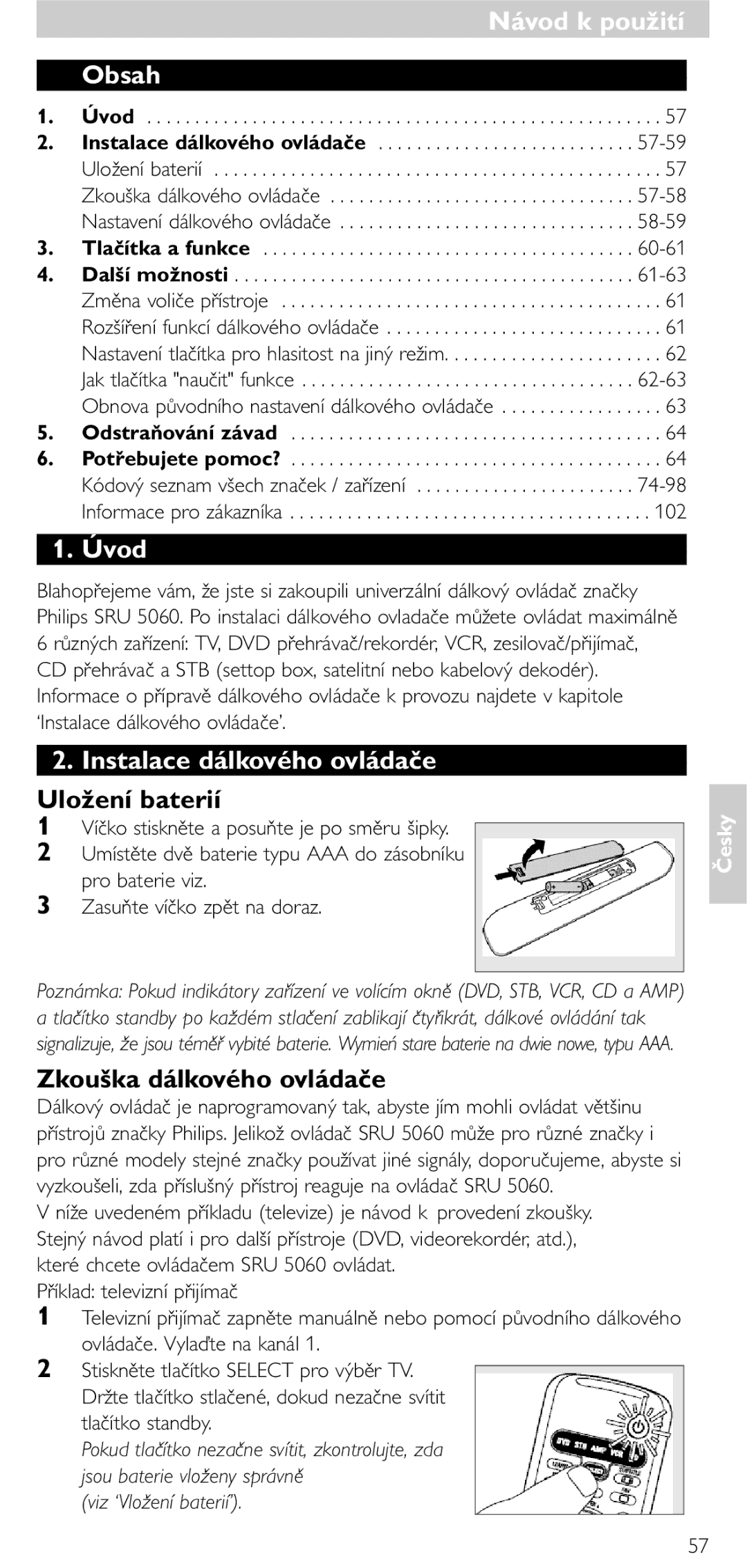 Philips SRU5060 manual Návod k použití, Obsah, Úvod, Instalace dálkového ovládače 