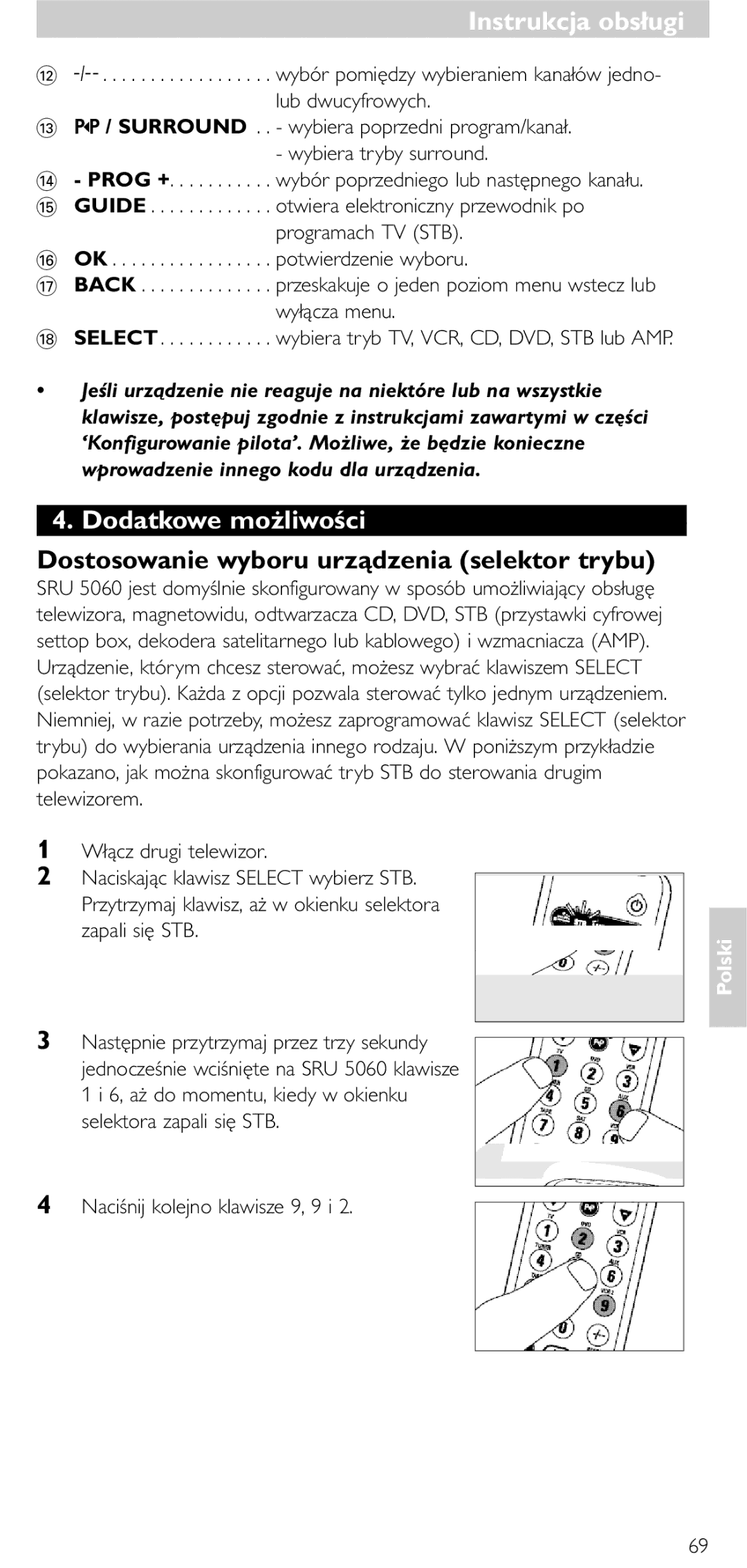 Philips SRU5060 Dodatkowe możliwości, Dostosowanie wyboru urządzenia selektor trybu, Włącz drugi telewizor, Zapali się STB 