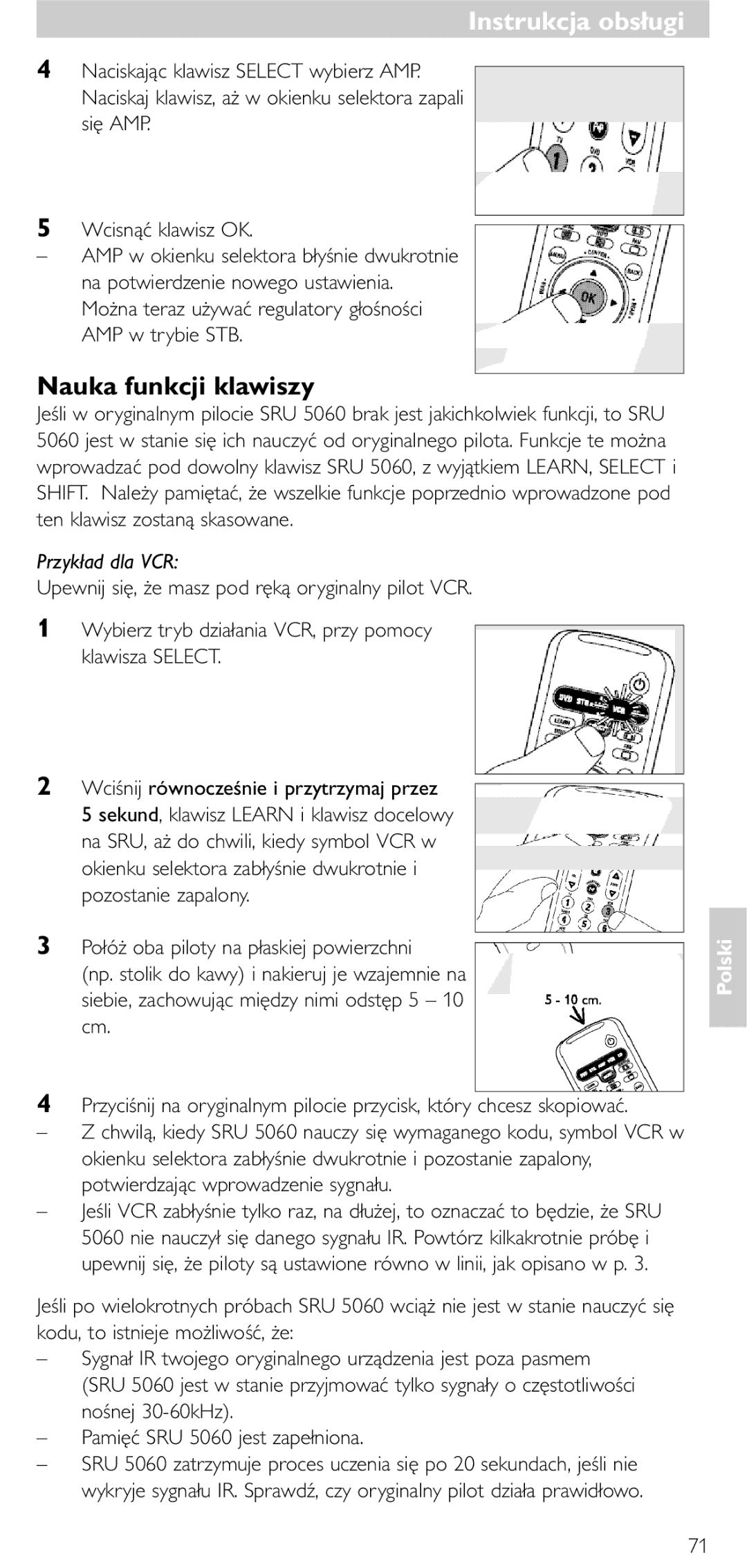 Philips SRU5060 manual Nauka funkcji klawiszy, Można teraz używać regulator y głośności AMP w tr ybie STB, Przykład dla VCR 