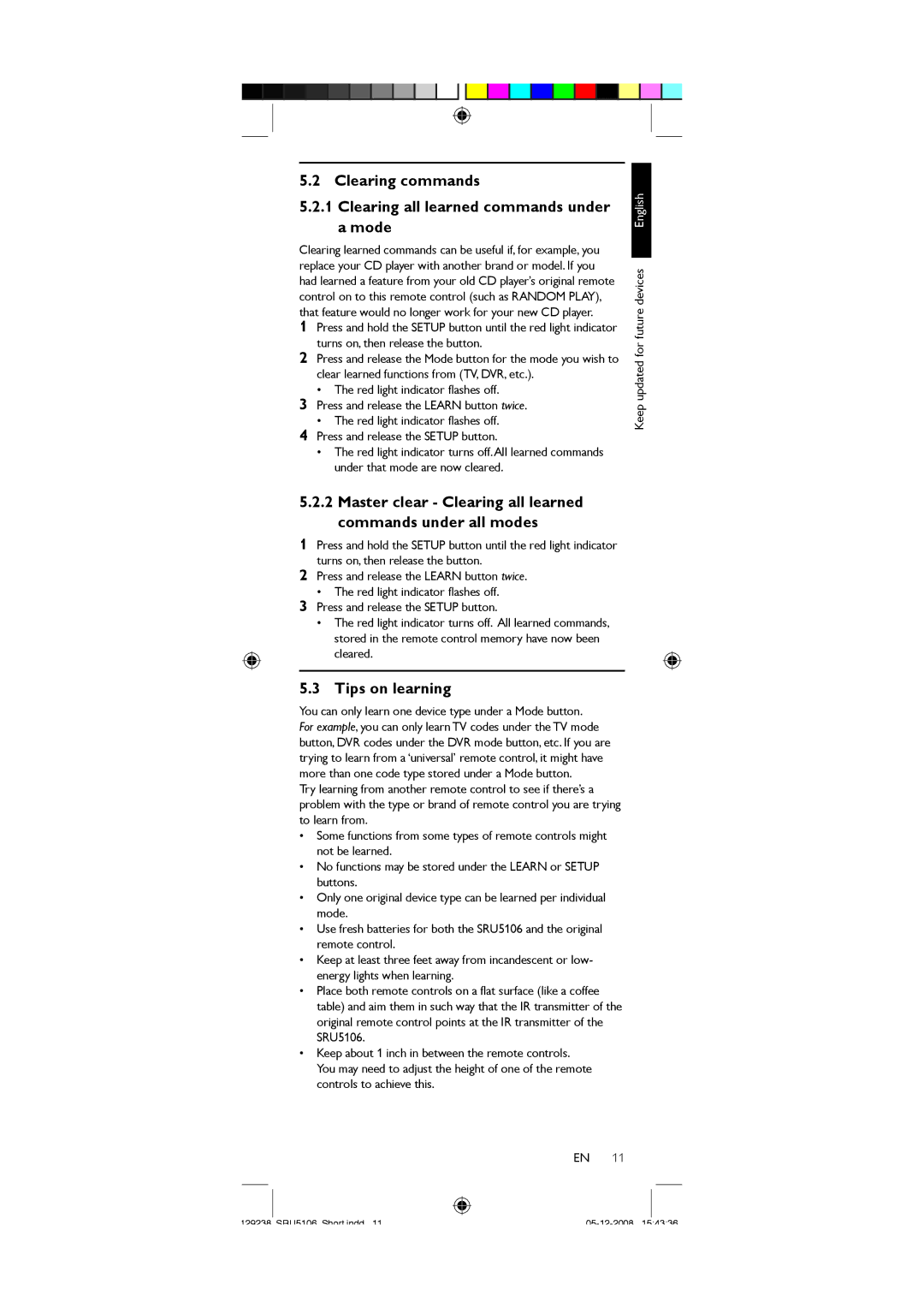 Philips SRU5106/27 user manual Clearing commands Clearing all learned commands under a mode, Tips on learning 