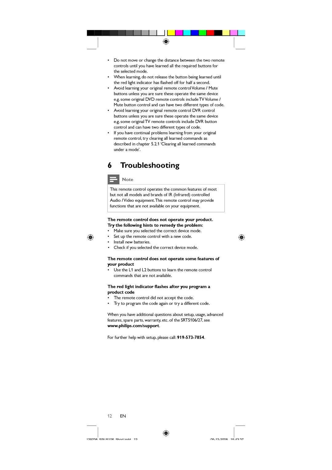 Philips SRU5106/27 user manual Troubleshooting, Red light indicator flashes after you program a product code 