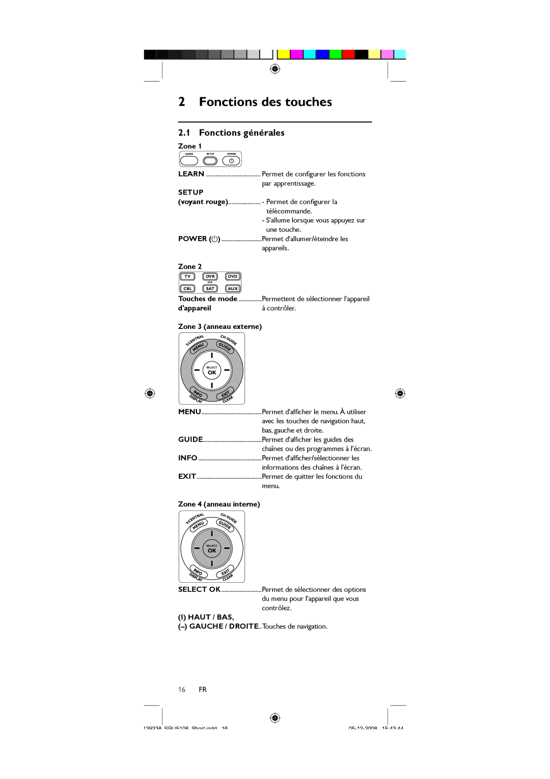 Philips SRU5106/27 user manual Fonctions des touches, Fonctions générales, Haut / BAS 