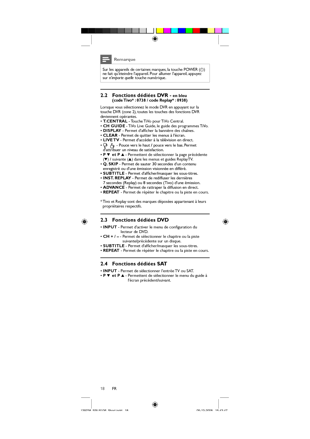 Philips SRU5106/27 user manual Fonctions dédiées DVD, Fonctions dédiées SAT 