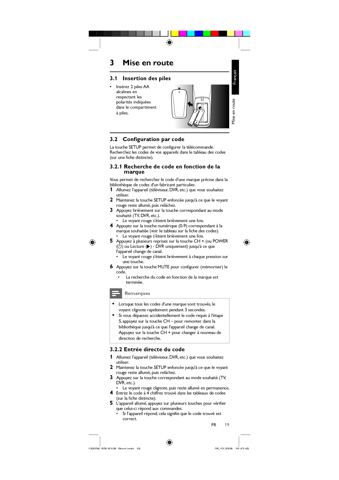 Philips SRU5106/27 Mise en route, Insertion des piles, Configuration par code, Recherche de code en fonction de la marque 