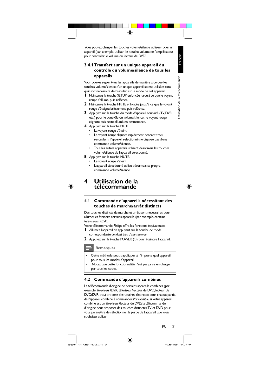 Philips SRU5106/27 user manual Commande dappareils combinés, Utilisation de la télécommande Français 