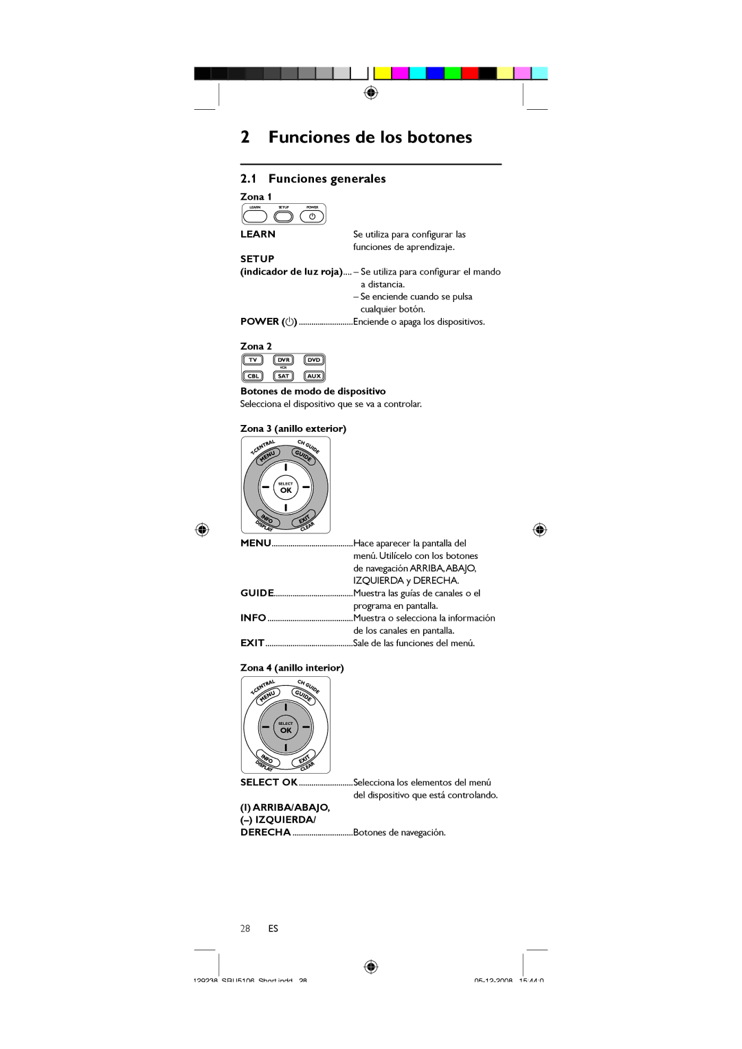 Philips SRU5106/27 user manual Funciones de los botones, Funciones generales, ARRIBA/ABAJO Izquierda 