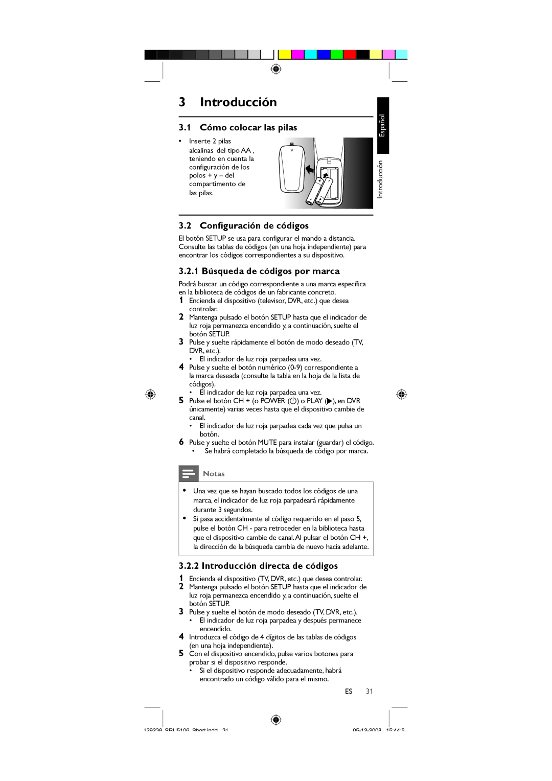 Philips SRU5106/27 Introducción, Cómo colocar las pilas, Configuración de códigos, 1 Búsqueda de códigos por marca 