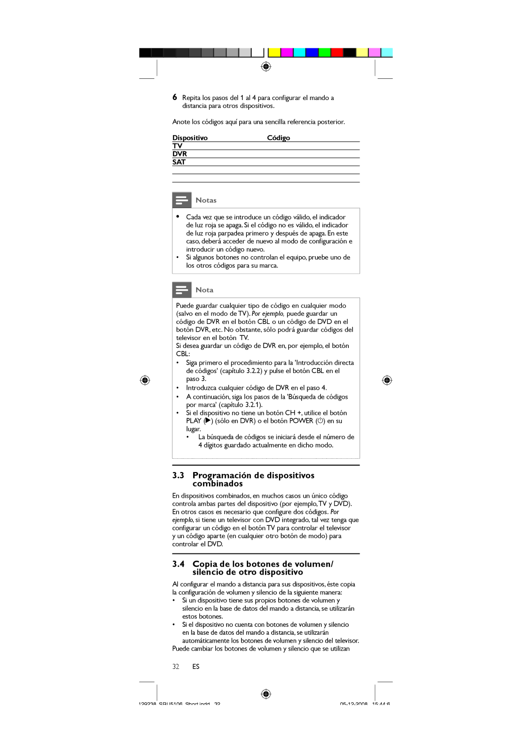 Philips SRU5106/27 user manual Programación de dispositivos combinados, Dispositivo Código 