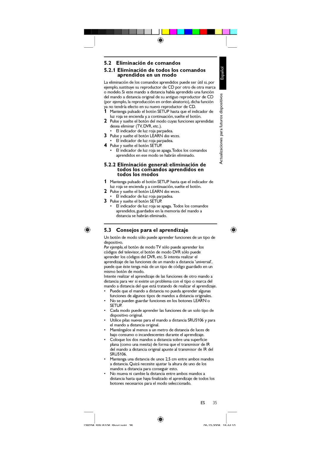 Philips SRU5106/27 user manual Consejos para el aprendizaje, Actualizaciones para futuros dispositivos Español 