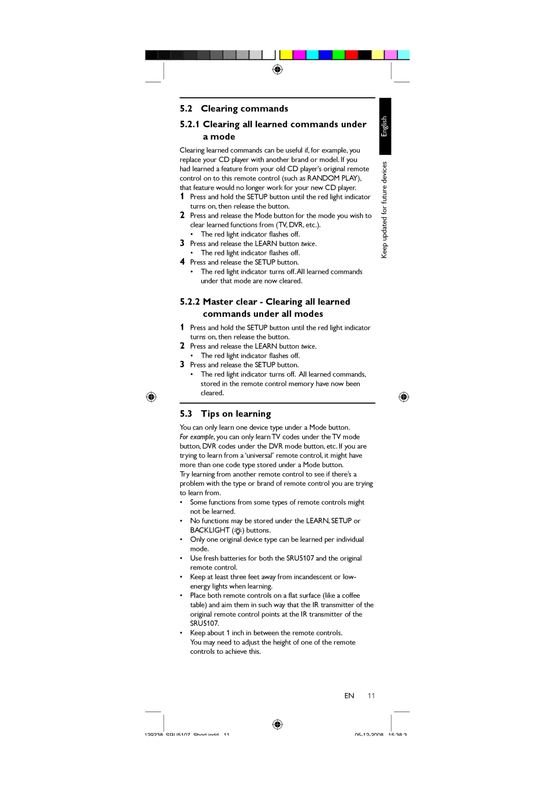 Philips SRU5107/27 user manual Clearing commands Clearing all learned commands under a mode, Tips on learning 