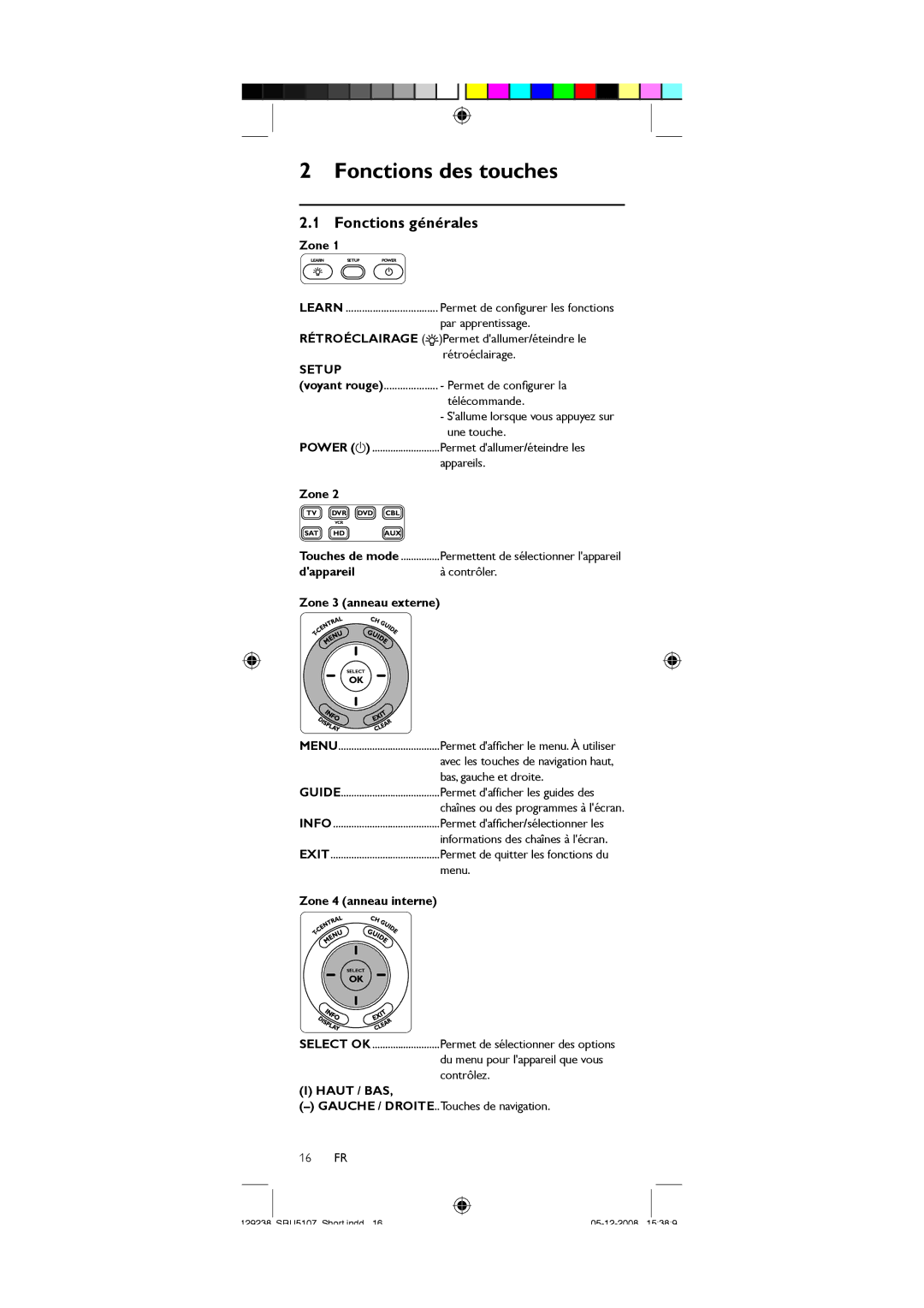 Philips SRU5107/27 user manual Fonctions des touches, Fonctions générales, Rétroéclairage, Haut / BAS 