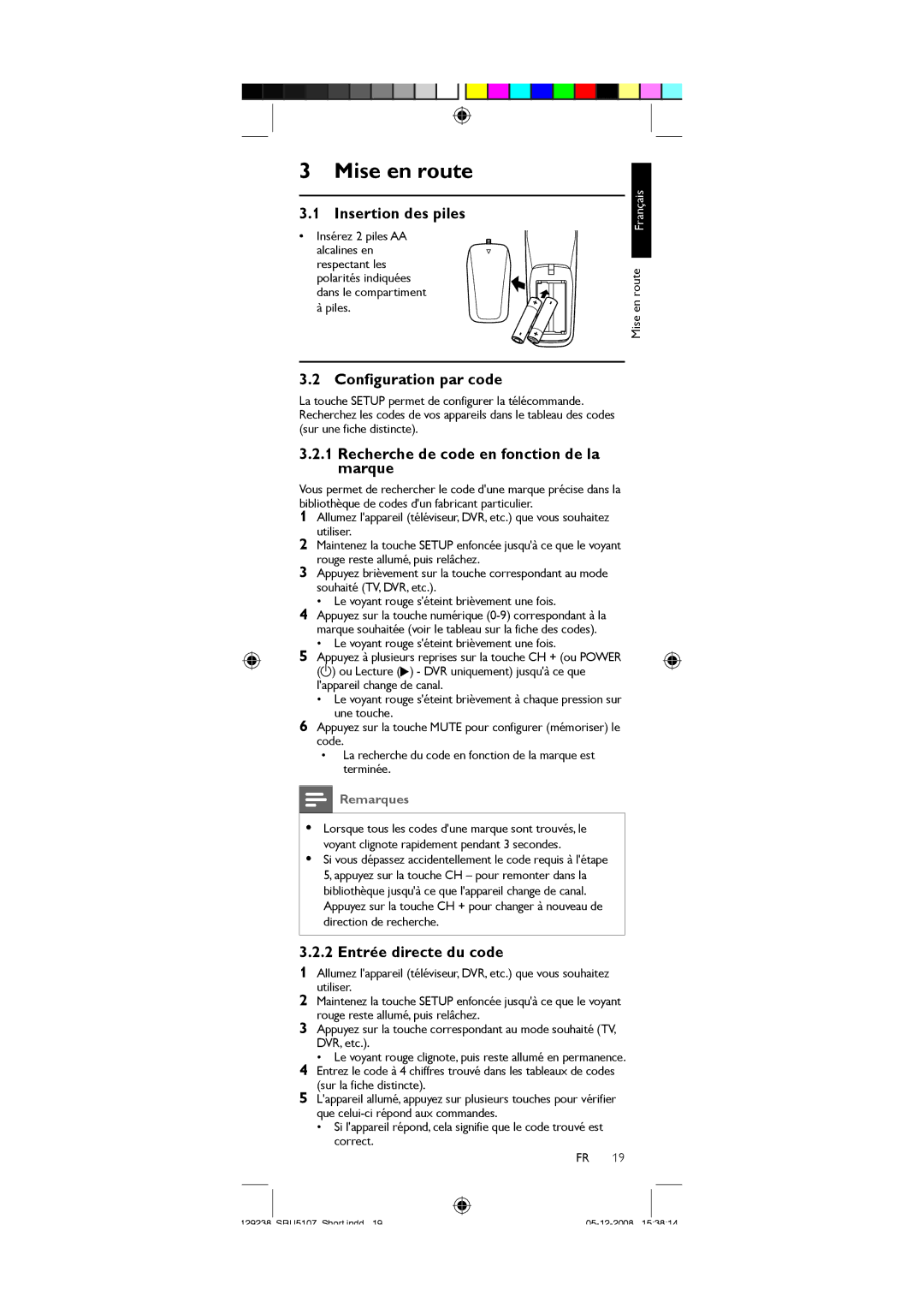 Philips SRU5107 Mise en route, Insertion des piles, Configuration par code, Recherche de code en fonction de la marque 