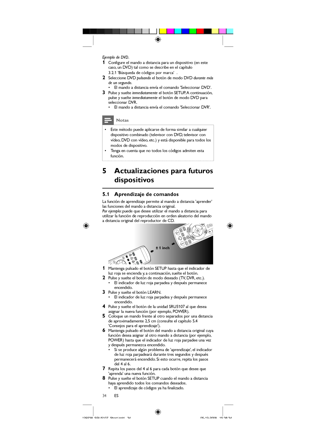 Philips SRU5107/27 user manual Actualizaciones para futuros dispositivos, Aprendizaje de comandos 