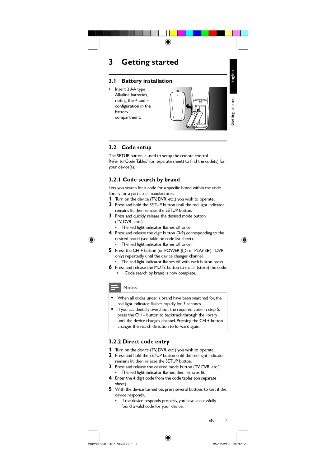 Philips SRU5107/27 Getting started, Battery installation, Code setup, Code search by brand, Direct code entry 