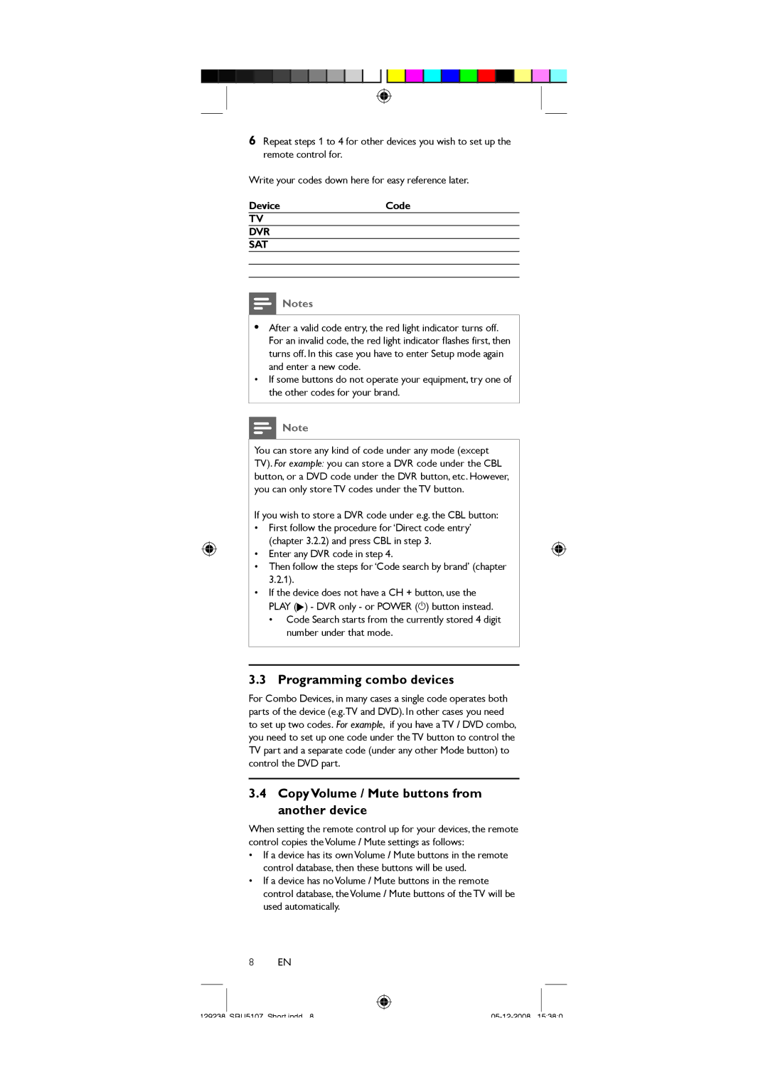 Philips SRU5107/27 Programming combo devices, Copy Volume / Mute buttons from another device, Device Code, Dvr Sat 