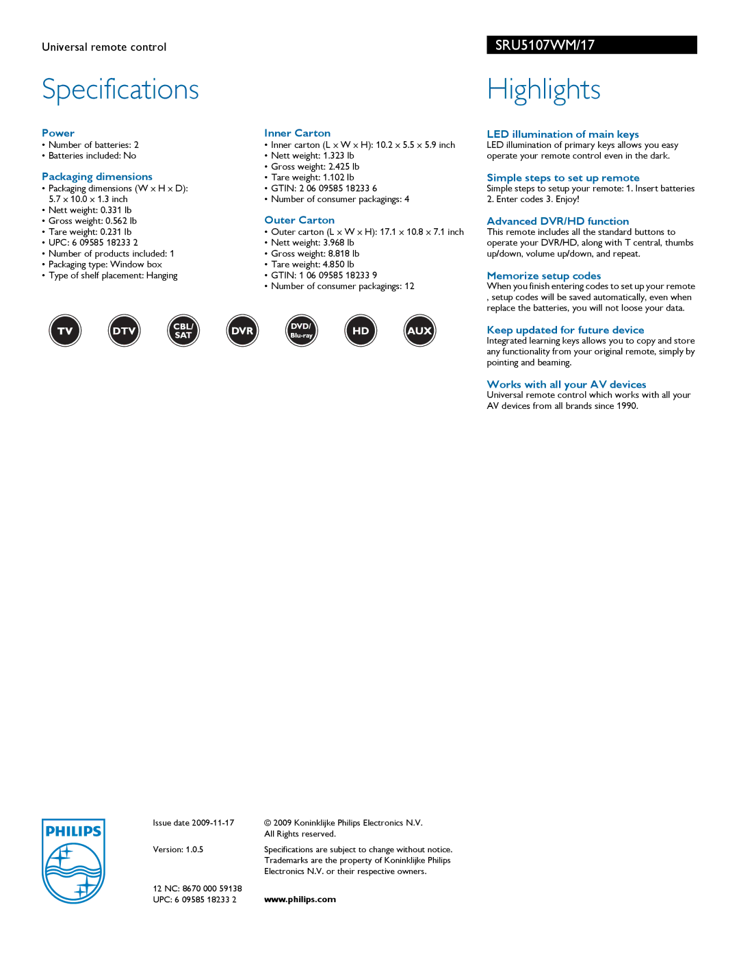 Philips SRU5107WM/17 manual Specifications, Highlights 