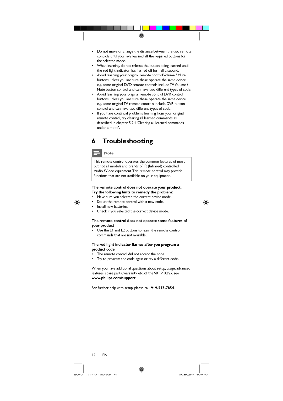 Philips SRU5108/27 user manual Troubleshooting, Red light indicator flashes after you program a product code 