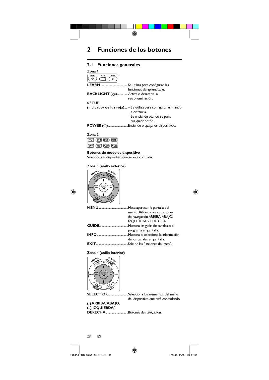 Philips SRU5108/27 user manual Funciones de los botones, Funciones generales, ARRIBA/ABAJO Izquierda 