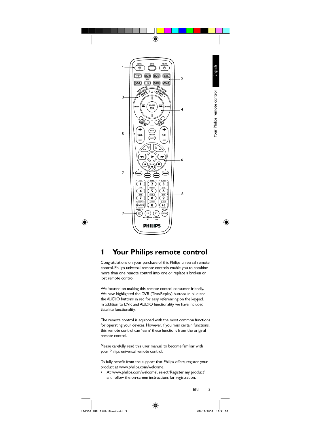 Philips SRU5108/27 user manual Your Philips remote control English 