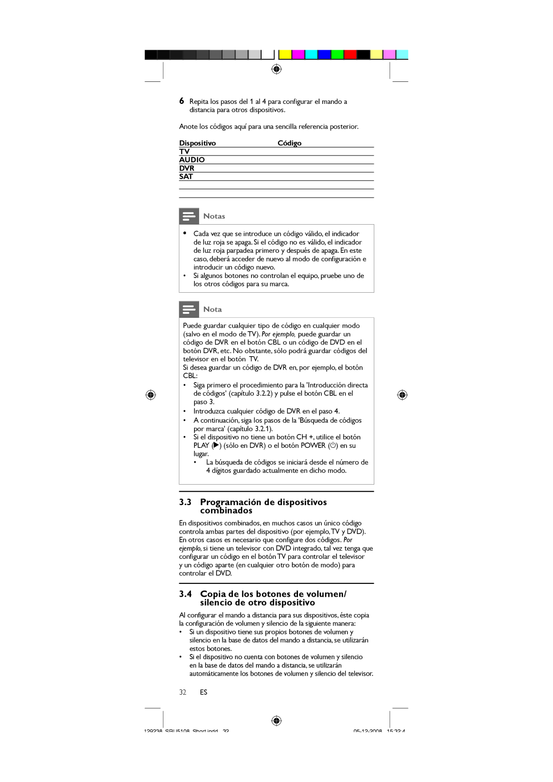 Philips SRU5108/27 user manual Programación de dispositivos combinados, Dispositivo Código, 32 ES 