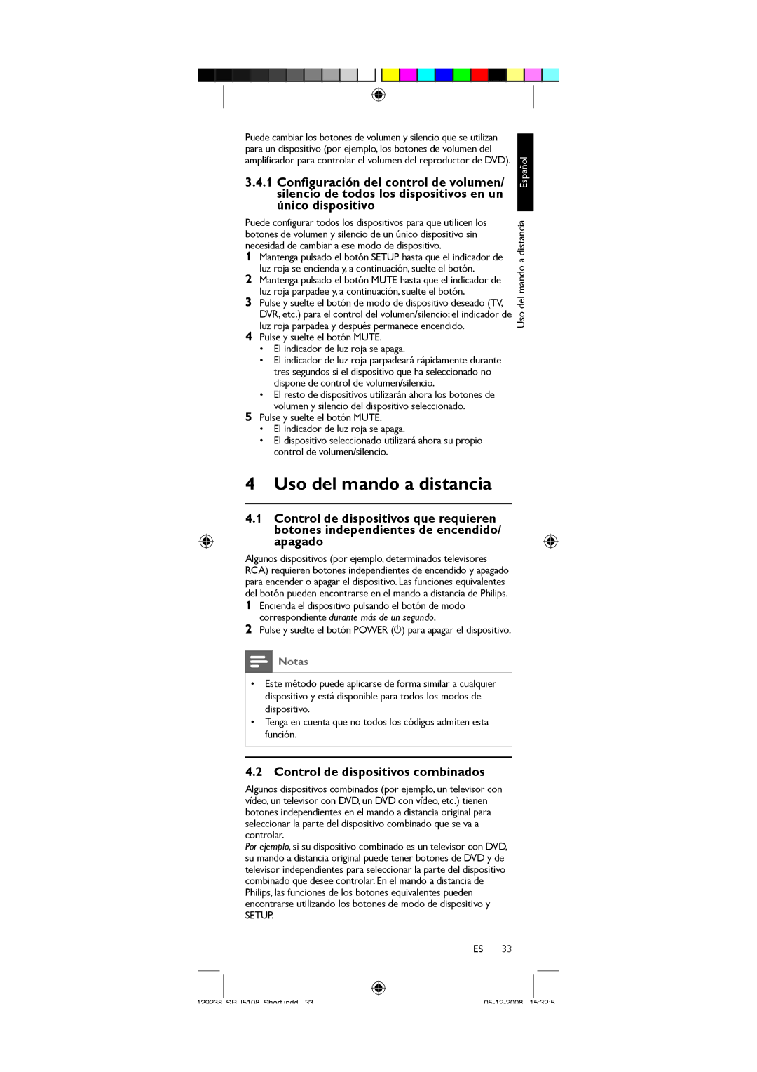 Philips SRU5108/27 user manual Uso del mando a distancia Español 