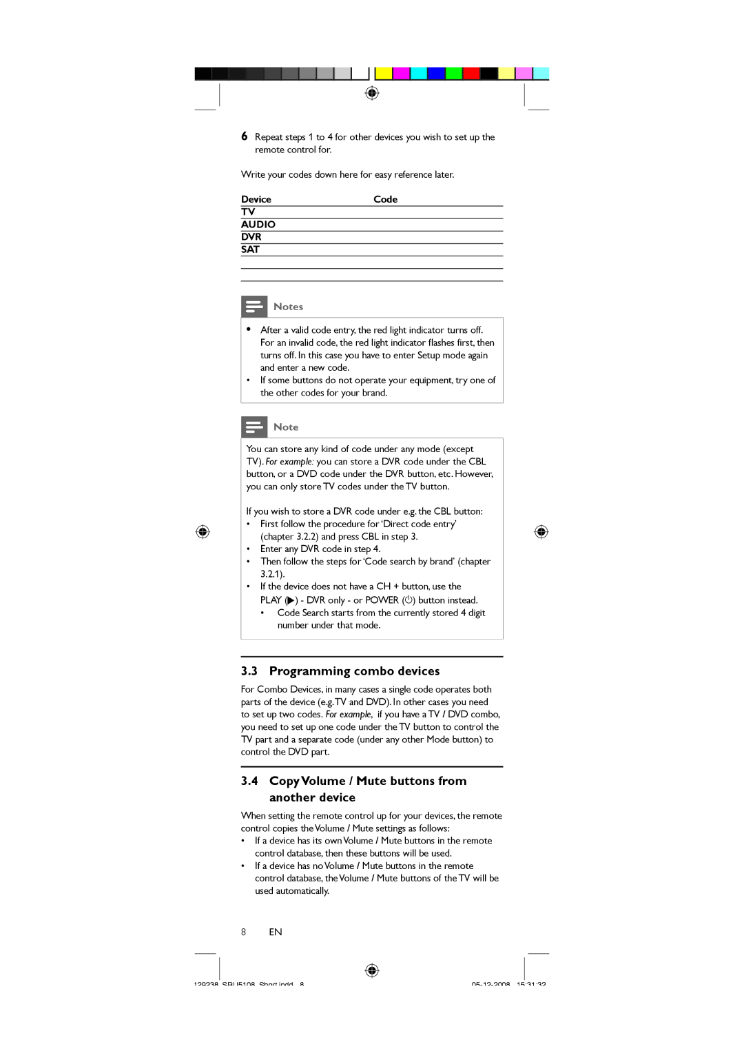 Philips SRU5108 Programming combo devices, Copy Volume / Mute buttons from another device, Device Code, Audio DVR SAT 