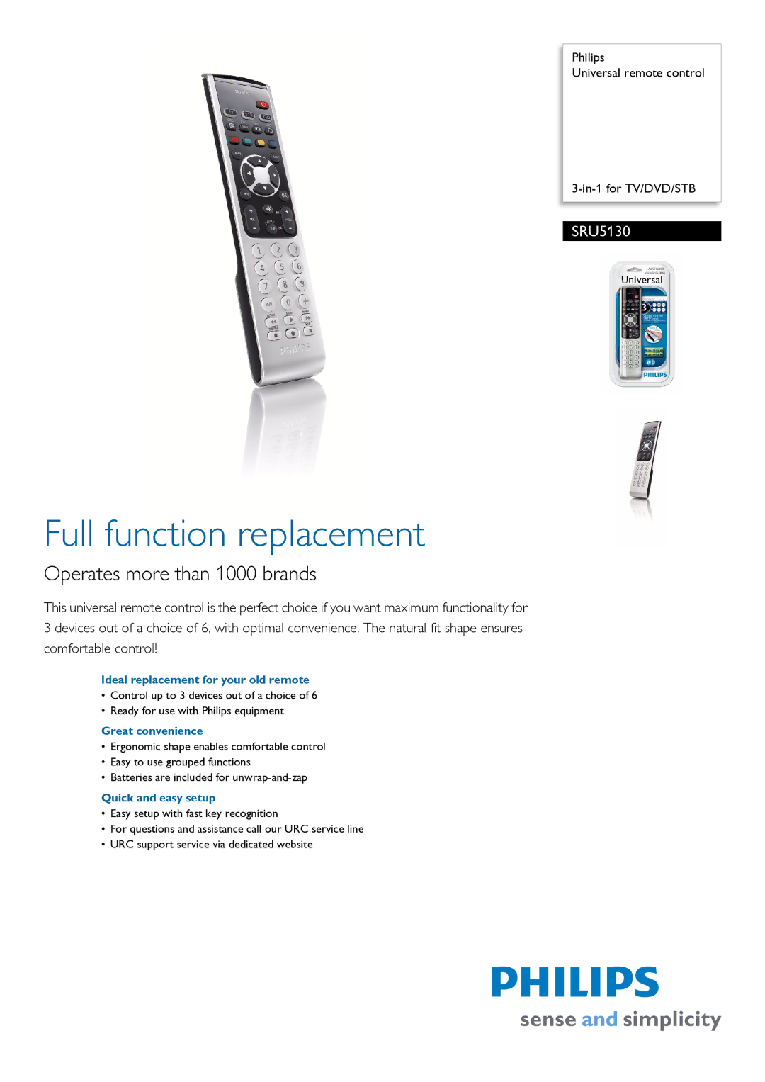 Philips SRU5130 manual Ideal replacement for your old remote, Great convenience, Quick and easy setup 