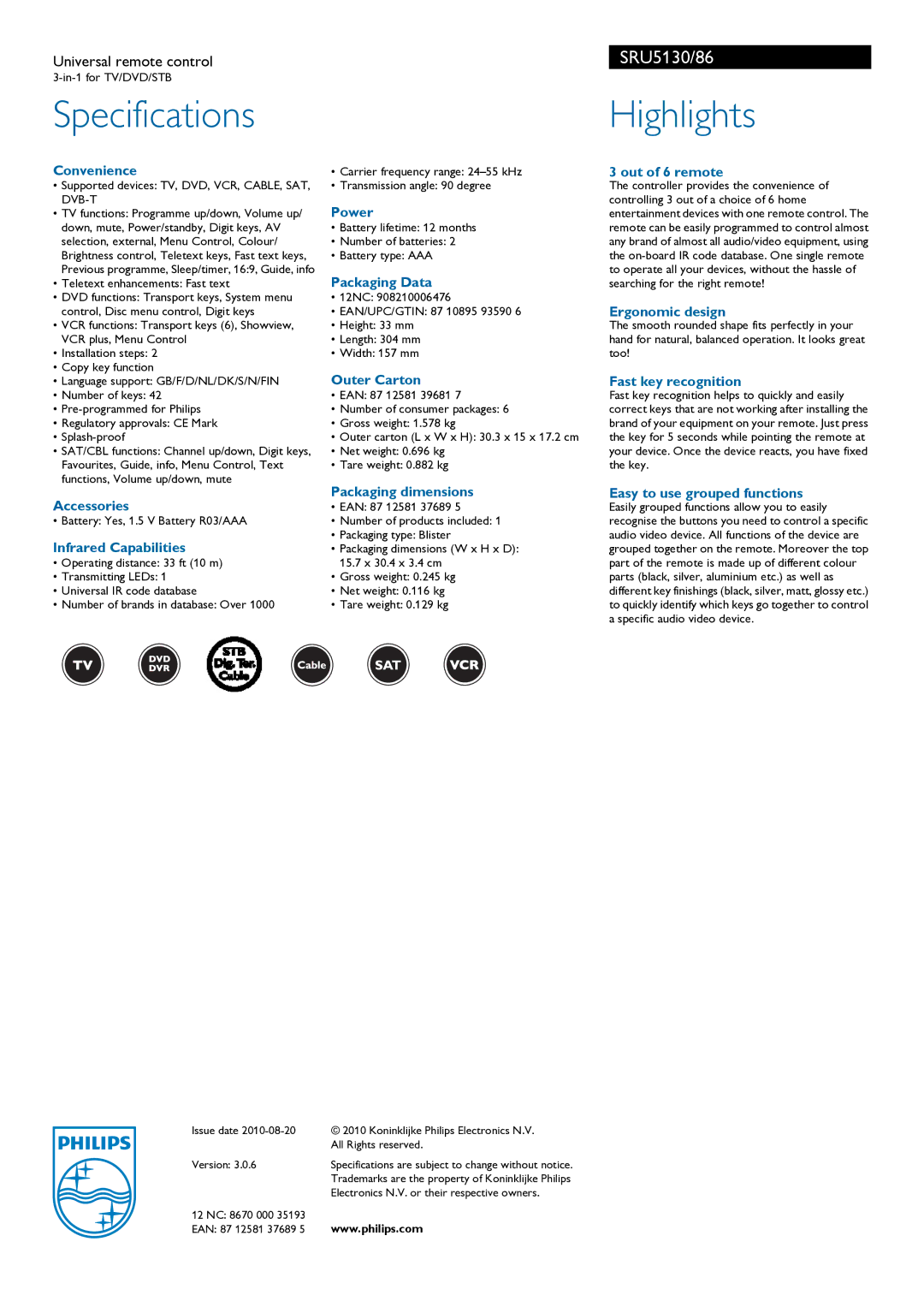 Philips SRU5130 Convenience, Accessories, Infrared Capabilities, Power, Packaging Data, Outer Carton, Packaging dimensions 