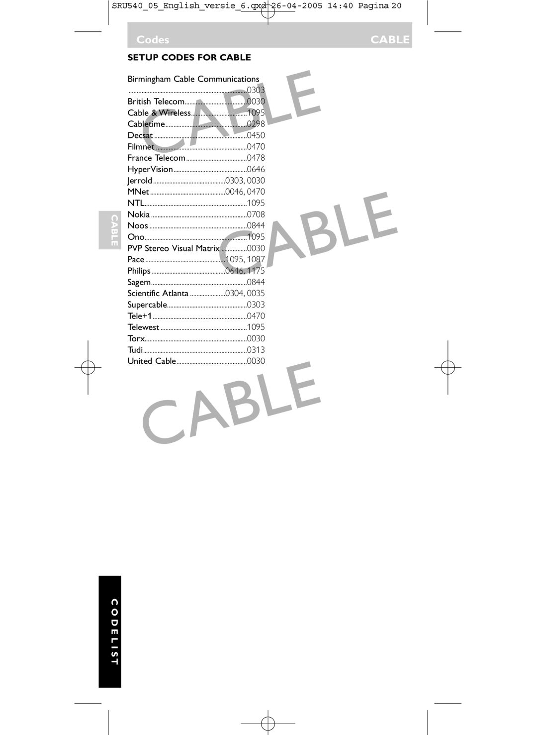 Philips SRU540/05 manual Cable 