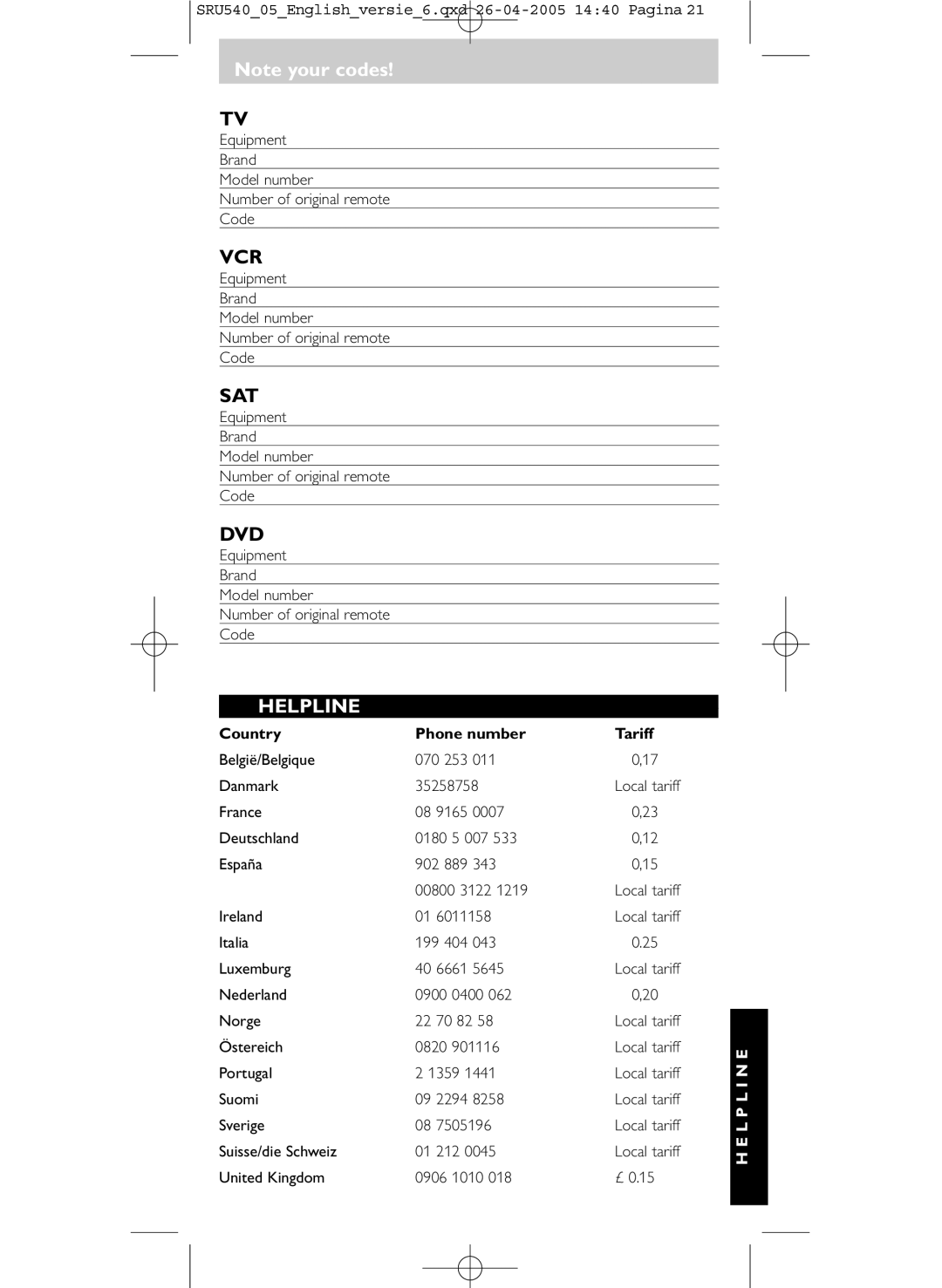 Philips SRU540/05 Equipment Brand Model number Number of original remote Code, Ireland, Italia 199 404 Luxemburg 40 6661 