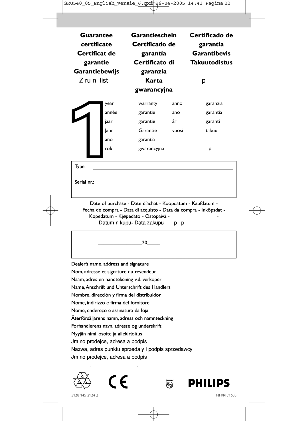 Philips SRU540/05 manual Guarantee, Certificate Certificado de, Certificat de, Certificato di Takuutodistus 