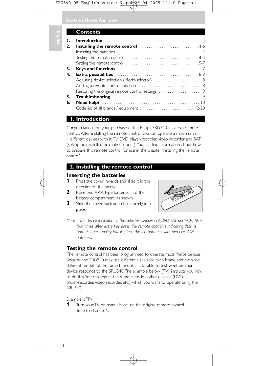 Philips SRU540/05 manual Instructions for use Contents, Introduction, Installing the remote control 