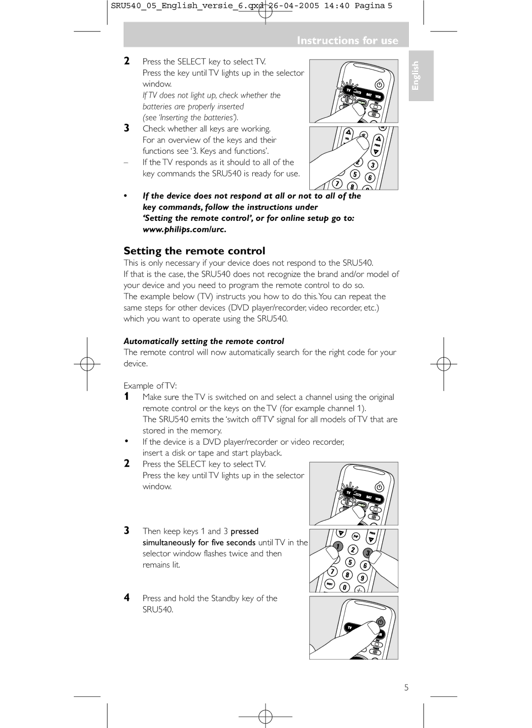 Philips SRU540/05 manual Instructions for use, Setting the remote control 