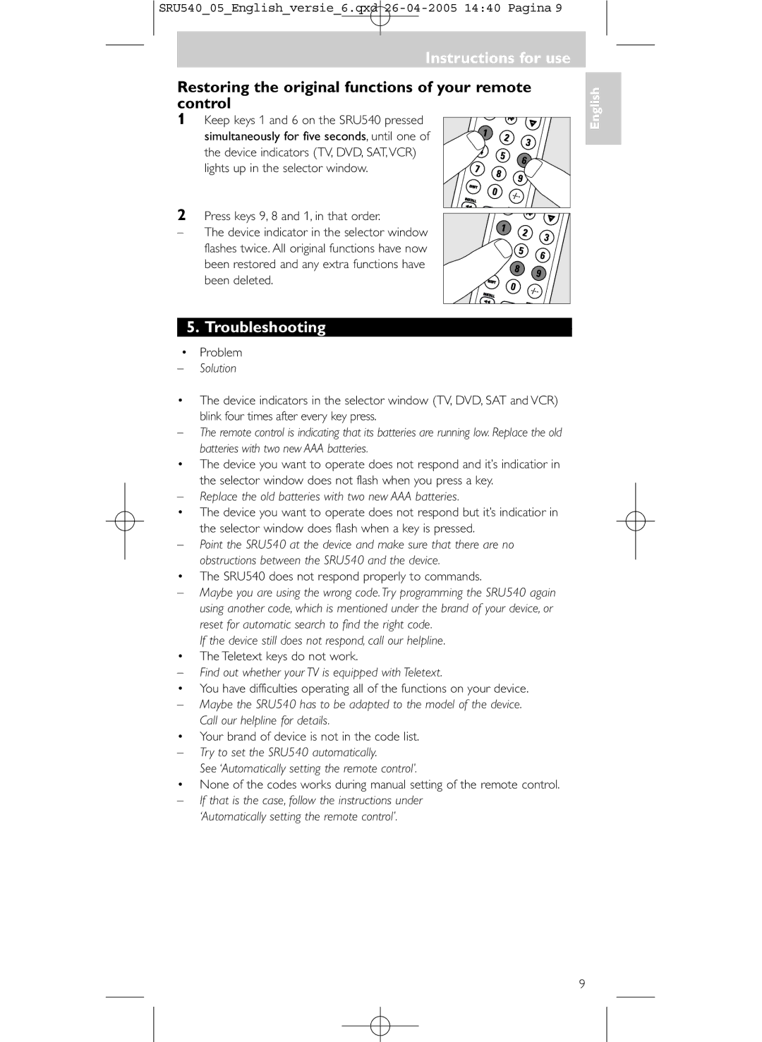 Philips SRU540/05 manual Restoring the original functions of your remote control, Troubleshooting 