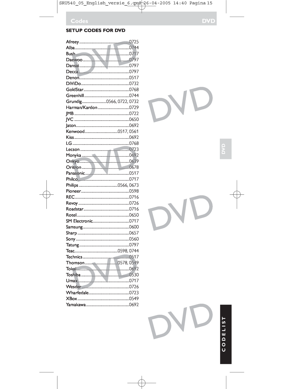 Philips SRU540/05 manual Setup Codes For Dvd, Dvd C O D E L I S T, Dvd Dvd Dvd 