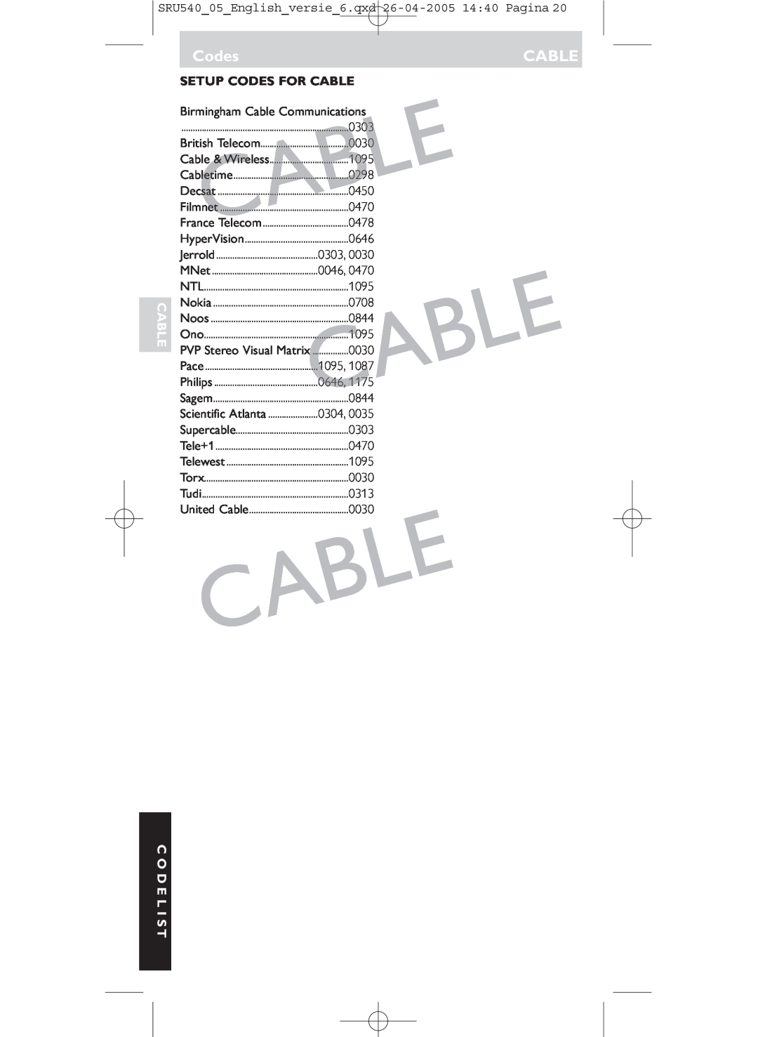 Philips SRU540/05 manual Able, Setup Codes For Cable 