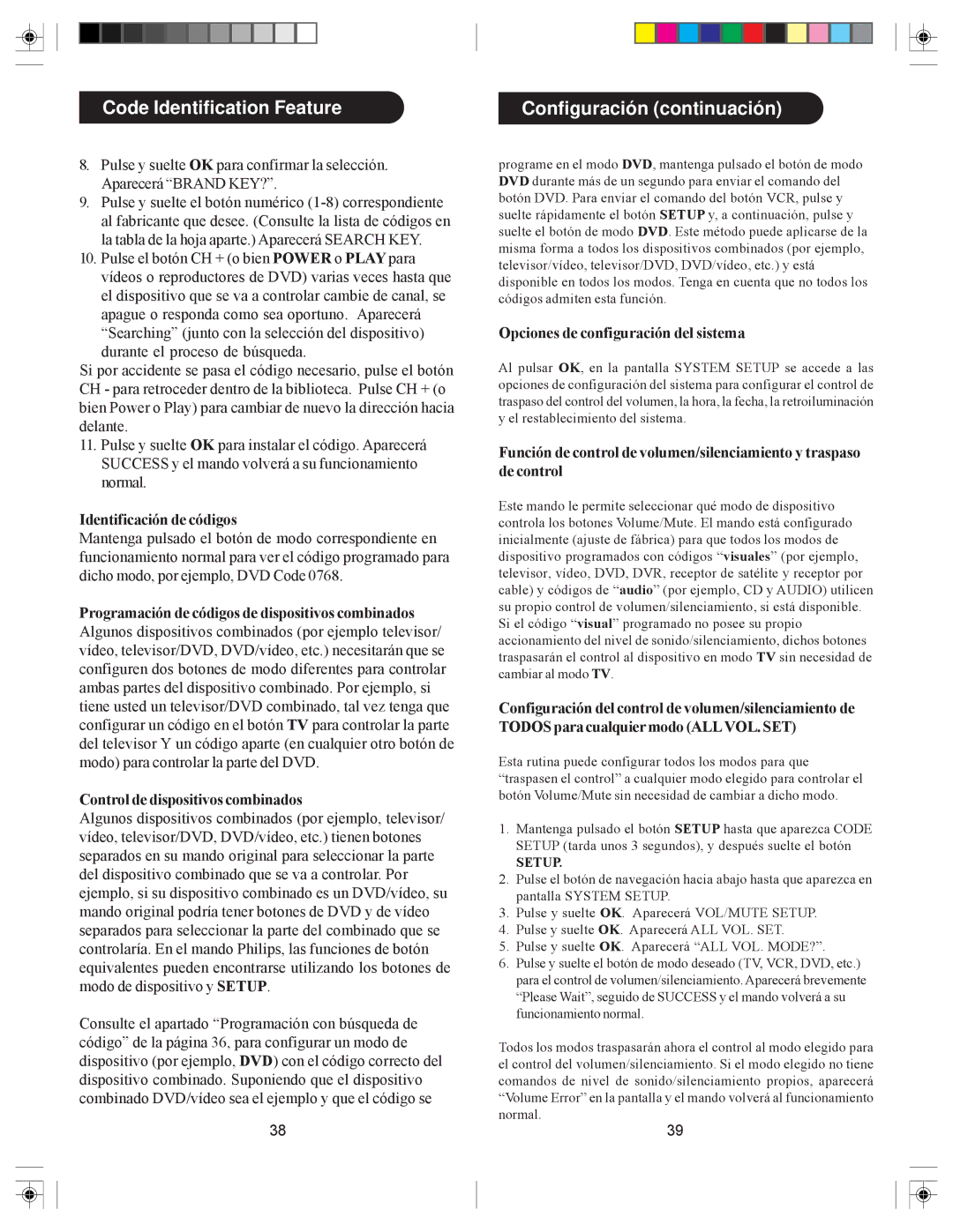 Philips SRU6080 owner manual Identificación de códigos, Opciones de configuración del sistema 