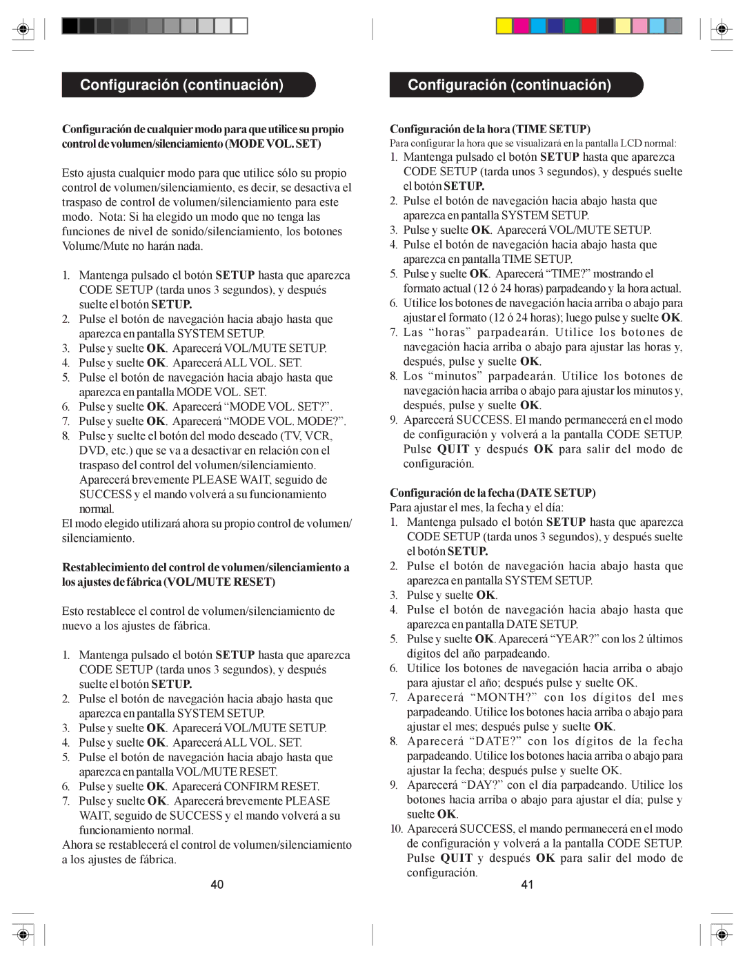 Philips SRU6080 owner manual Configuración de la hora Time Setup, Configuración de la fecha Date Setup 