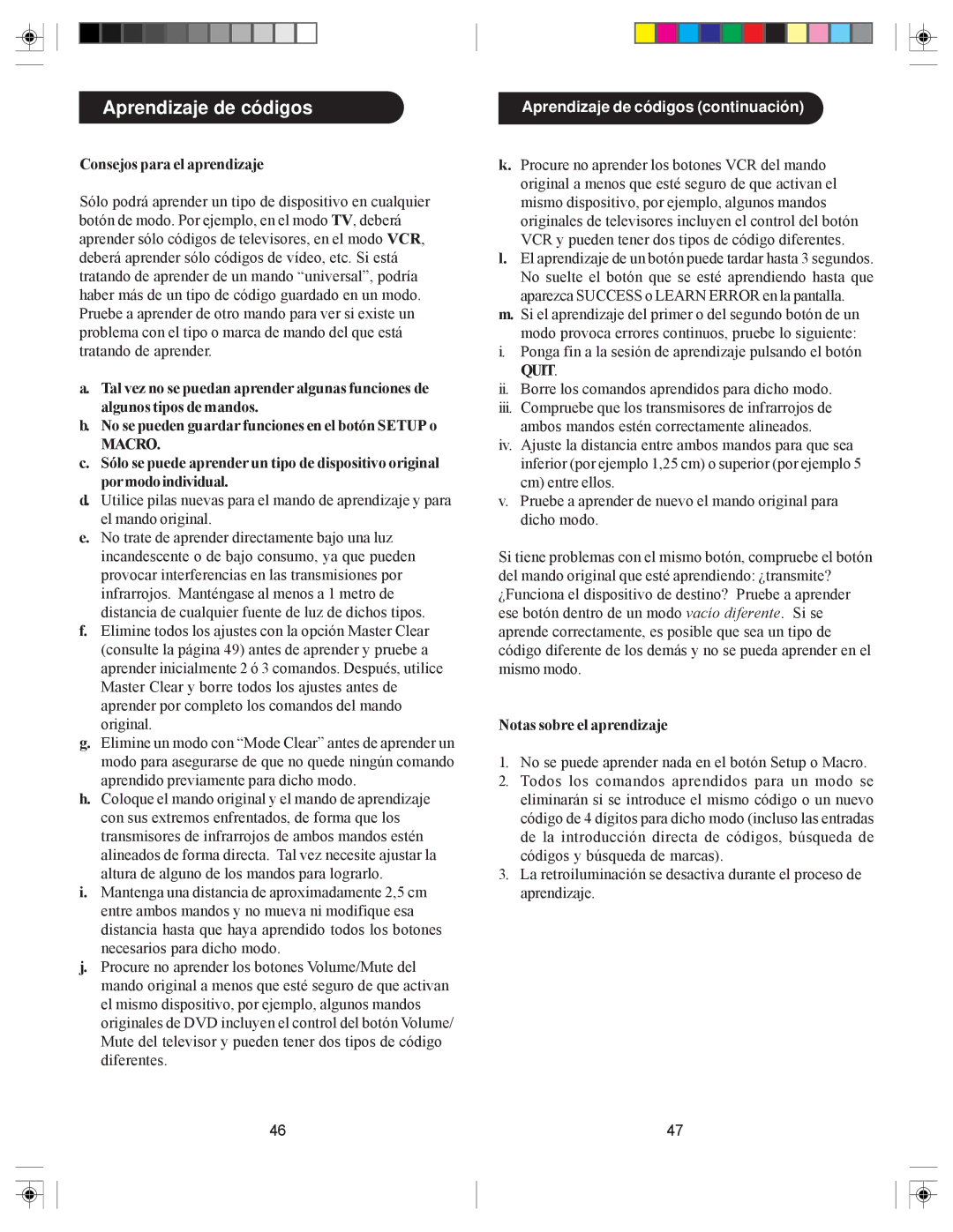 Philips SRU6080 owner manual Aprendizaje de códigos, Consejos para el aprendizaje, Notas sobre el aprendizaje 