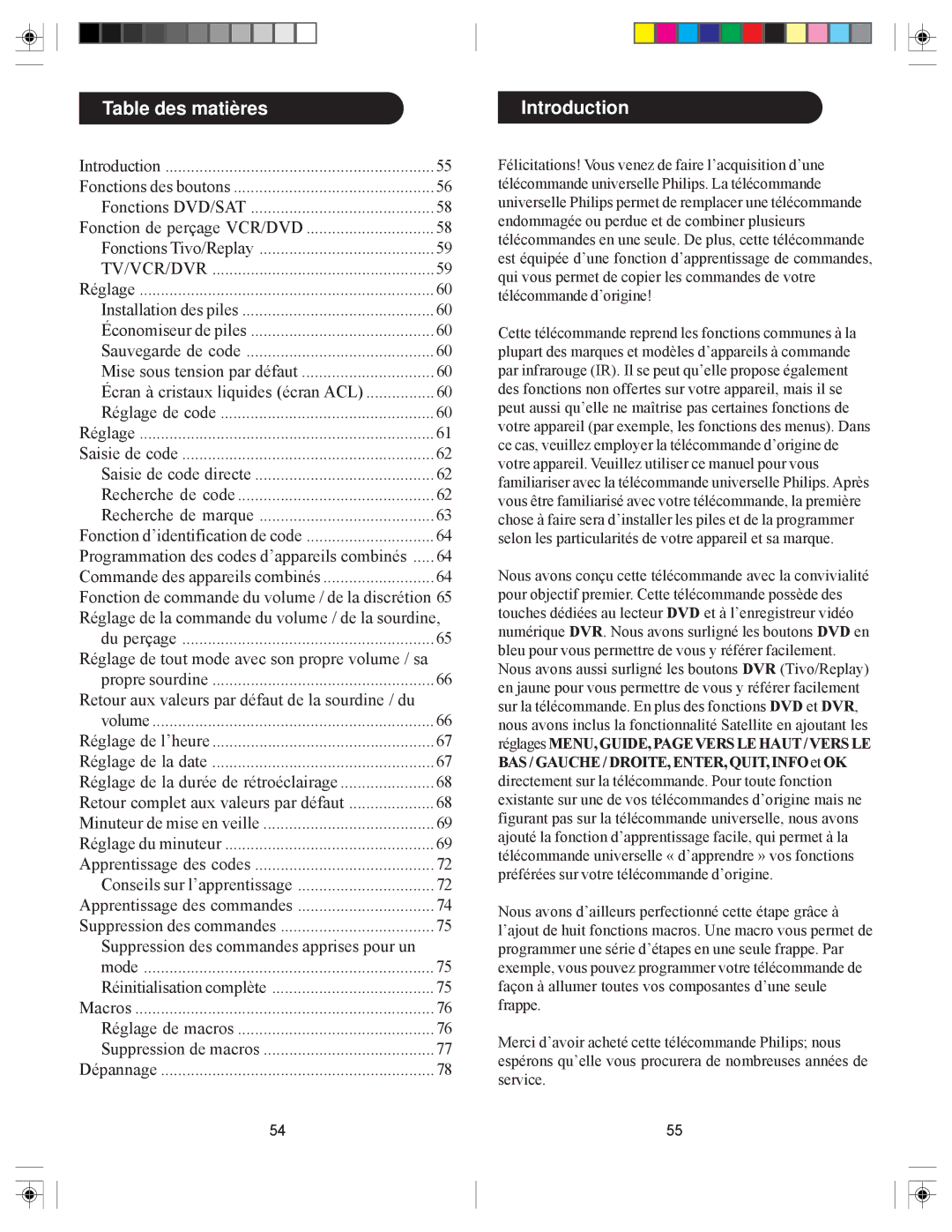 Philips SRU6080 owner manual Table des matières, Tv/Vcr/Dvr 