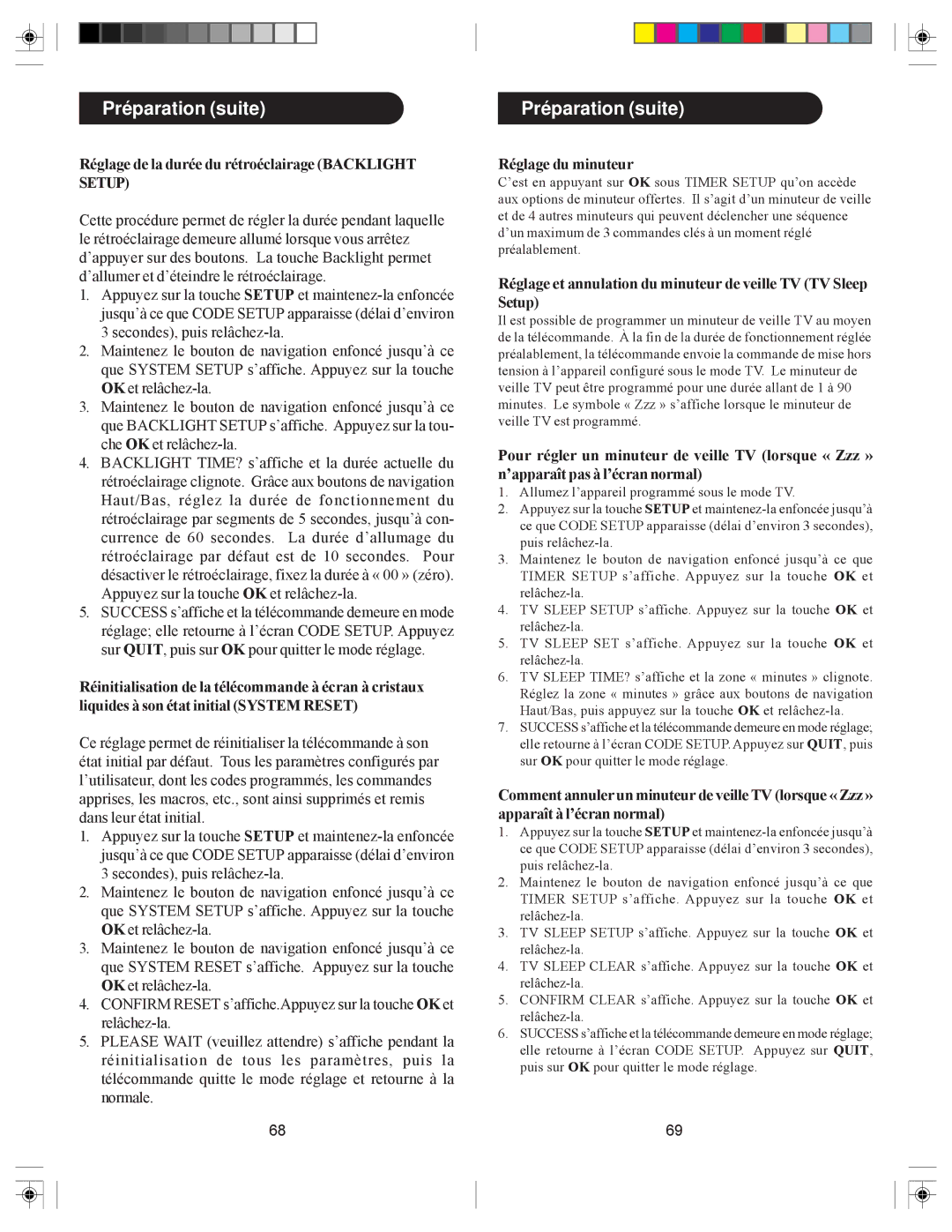 Philips SRU6080 owner manual Réglage de la durée du rétroéclairage Backlight Setup, Réglage du minuteur 