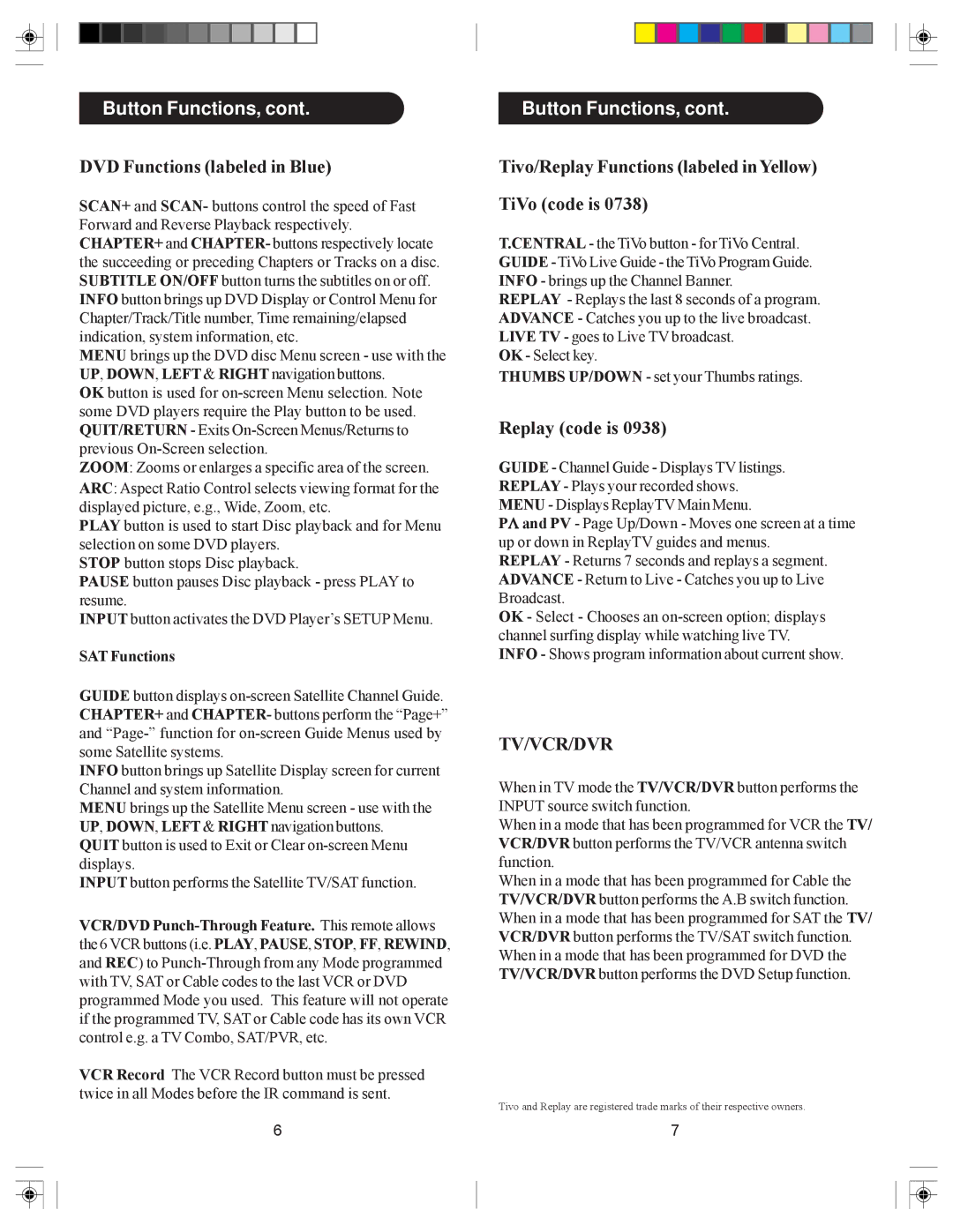 Philips SRU6080 DVD Functions labeled in Blue, Tivo/Replay Functions labeled in Yellow TiVo code is, Replay code is 